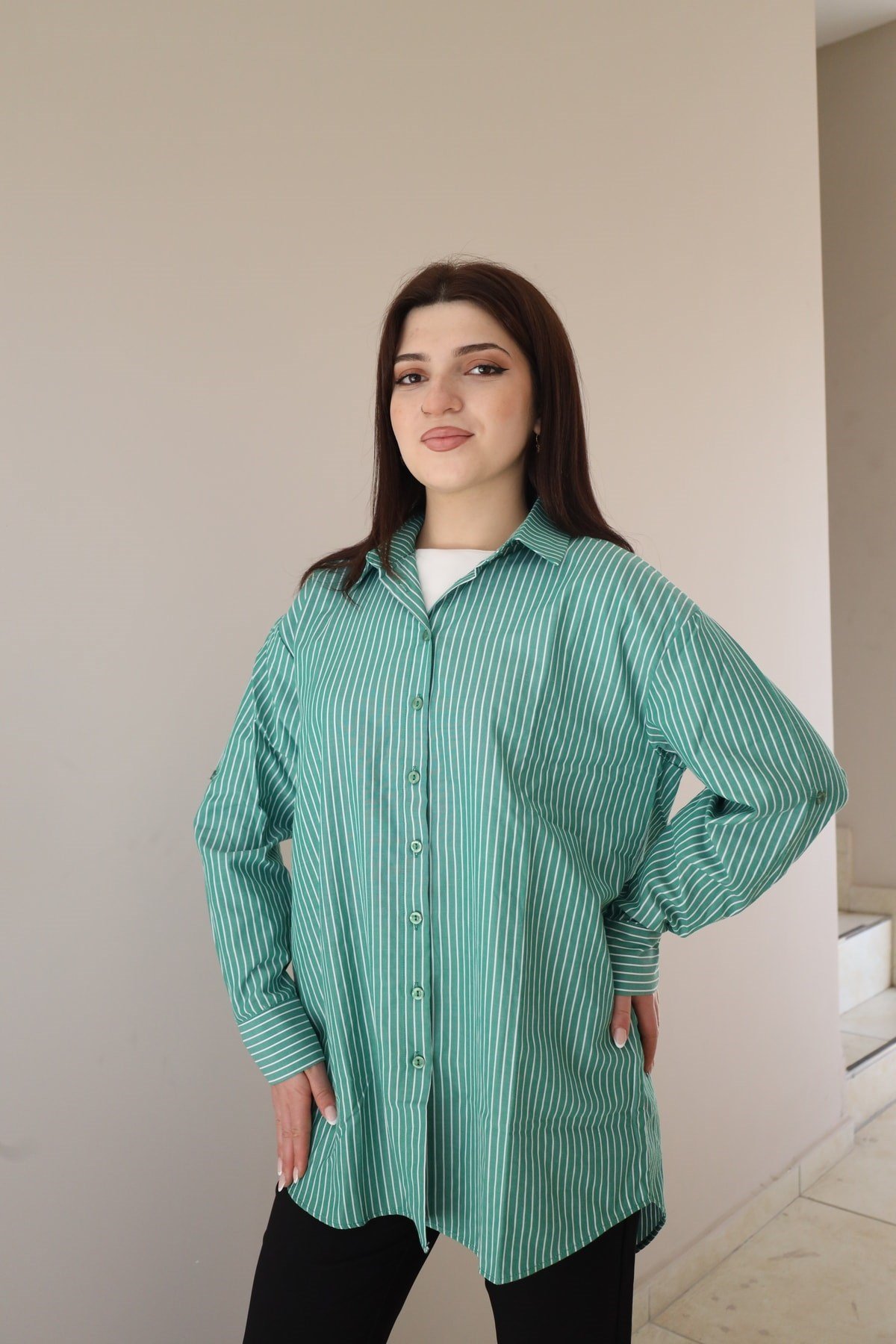 Çizgi Desenli Oversize Gömlek