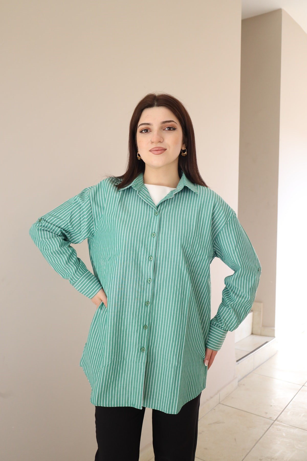 Çizgi Desenli Oversize Gömlek