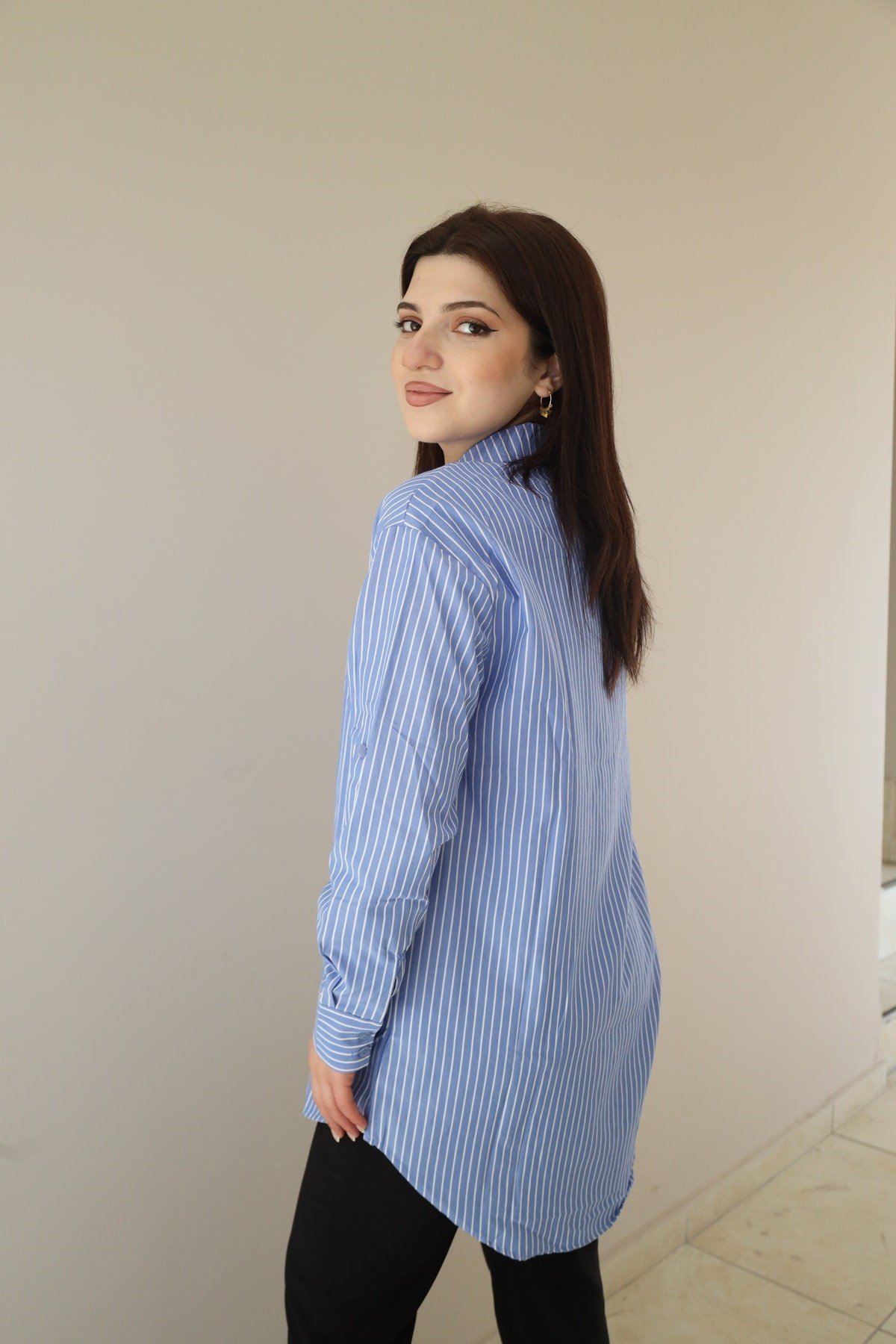 çizgi desenli oversize gömlek