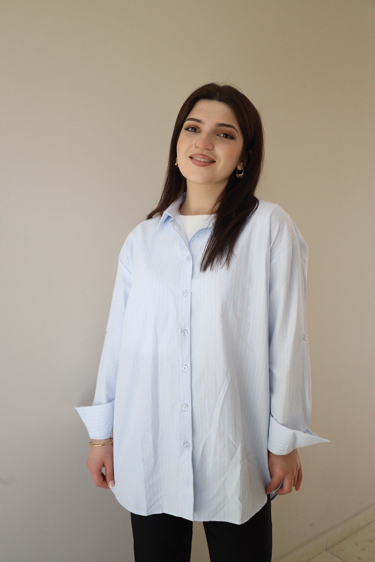 çizgi desenli oversize gömlek