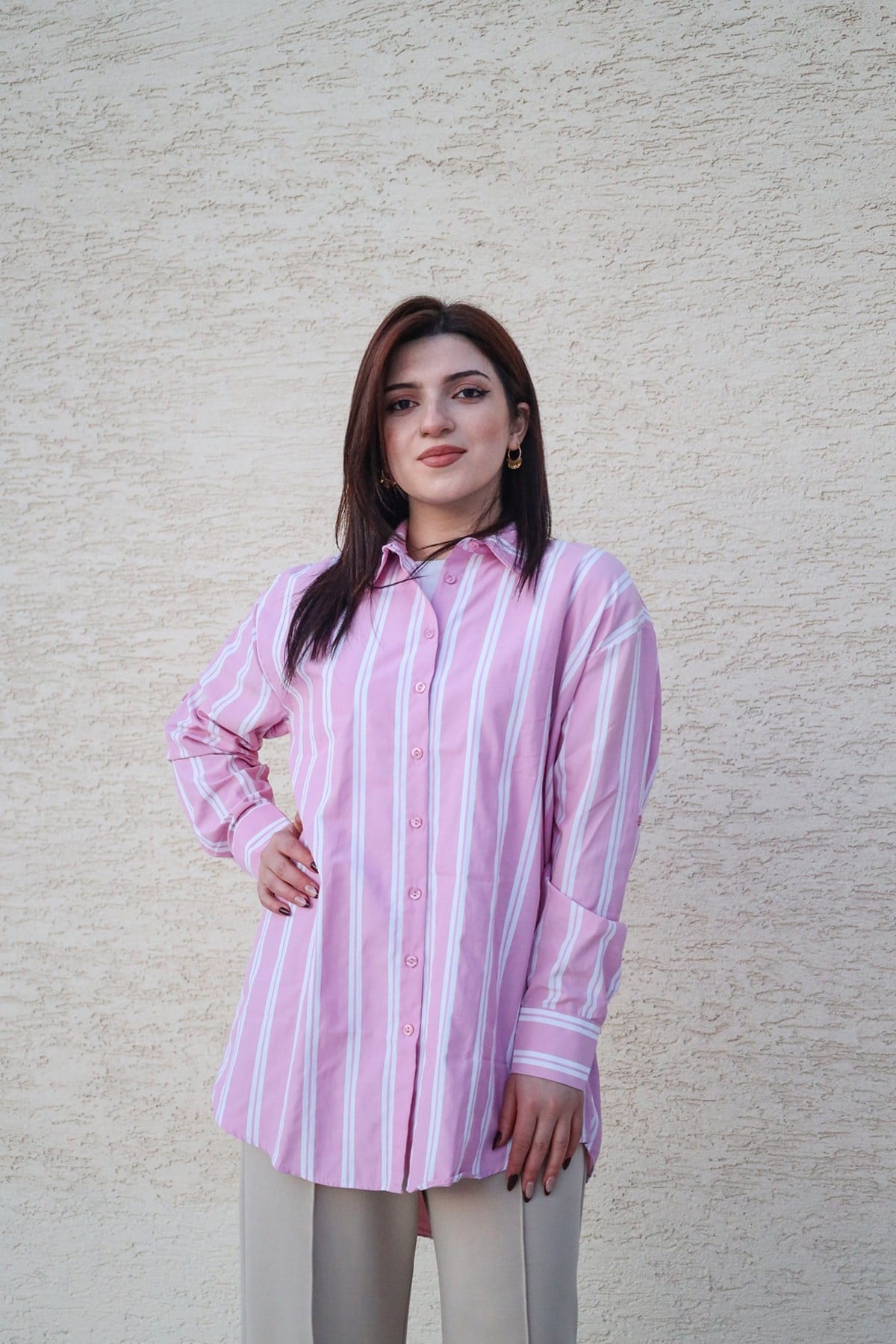 çizgili oversize gömlek