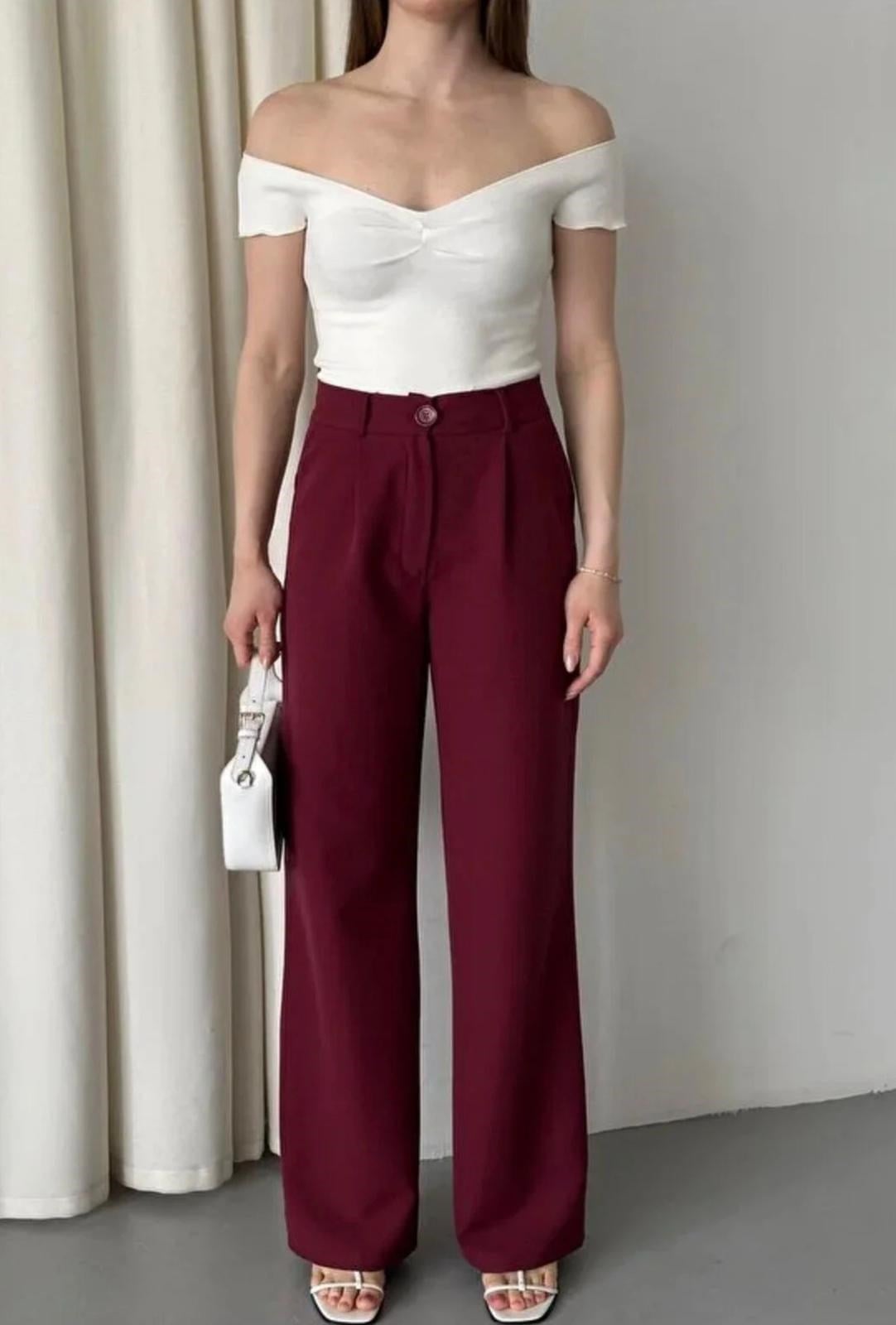 Dügme Detaylı Bordo - Pantolon