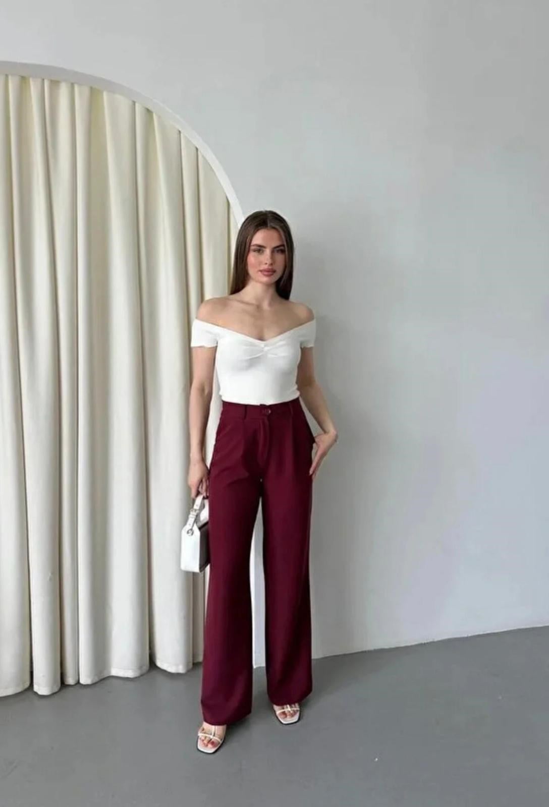 Dügme Detaylı Bordo - Pantolon
