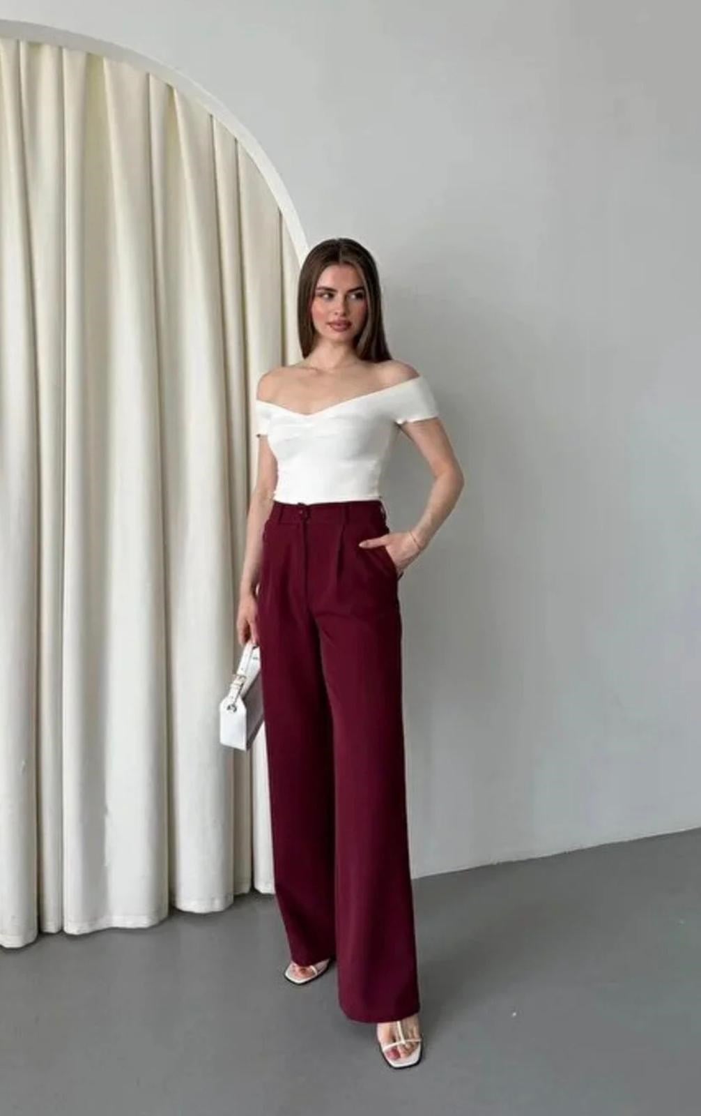 Dügme Detaylı Bordo - Pantolon