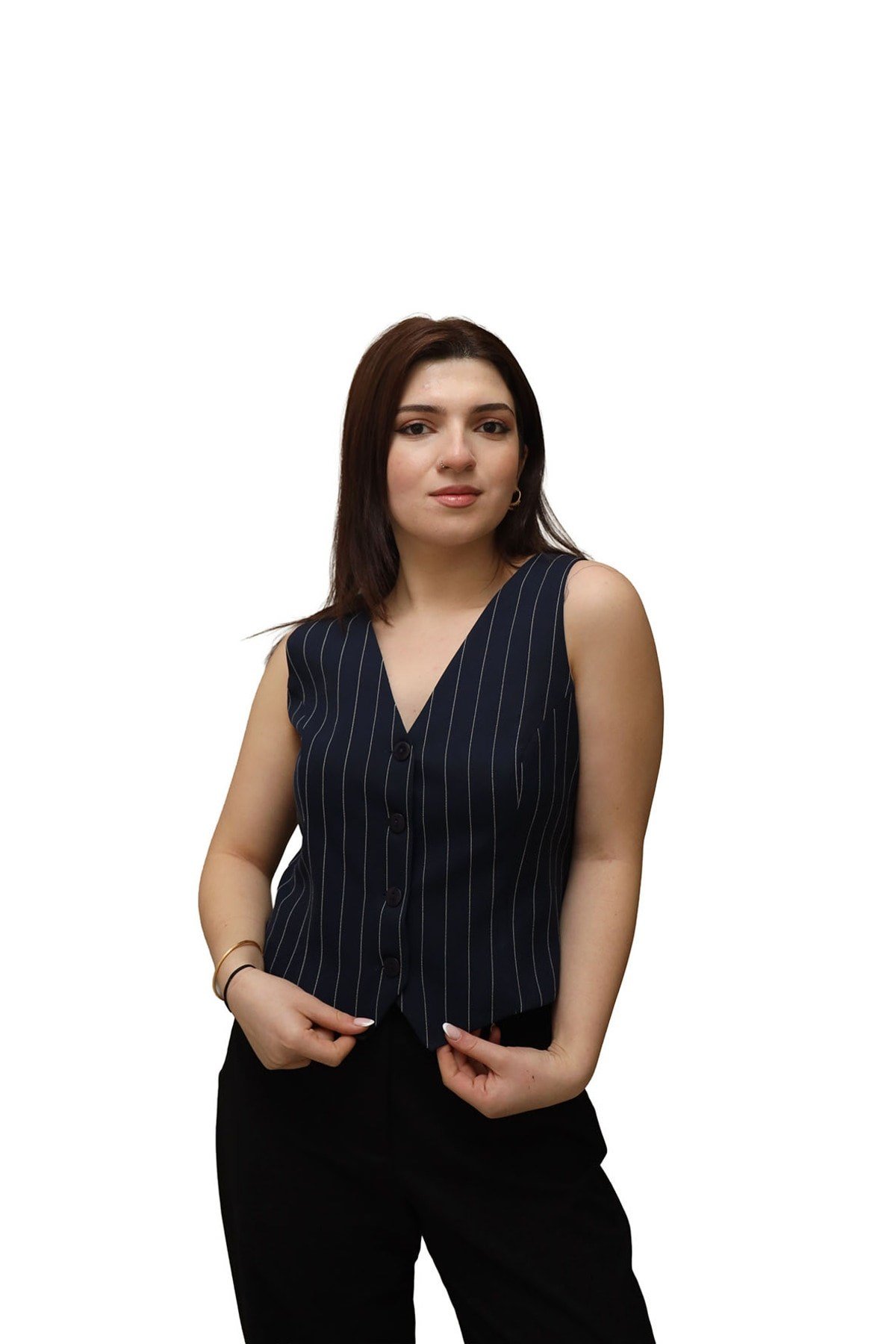 düğmeli v yaka çizgili yelek