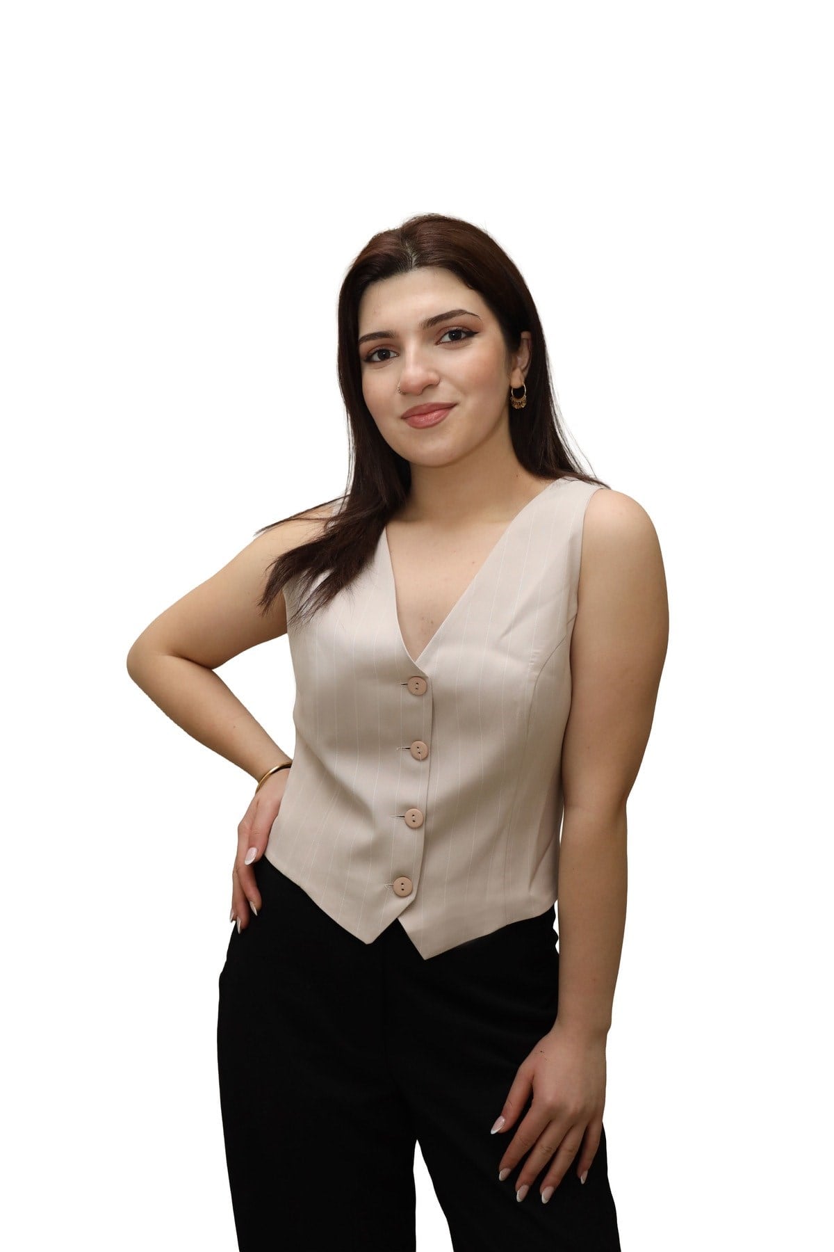 düğmeli v yaka çizgili yelek