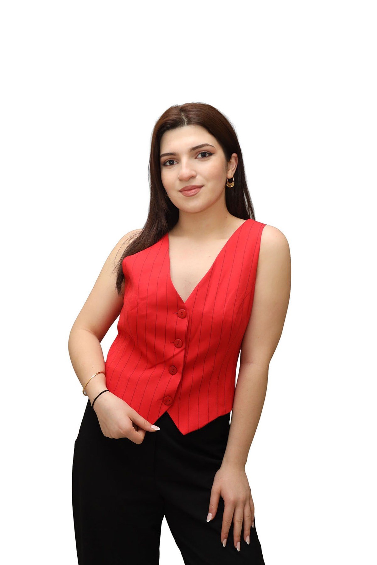 düğmeli v yaka çizgili yelek