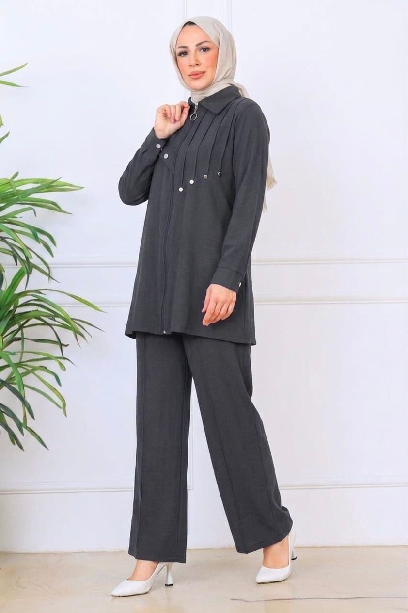 Fermuarlı Önü Aksesuar Detaylı Pantolon - Takım