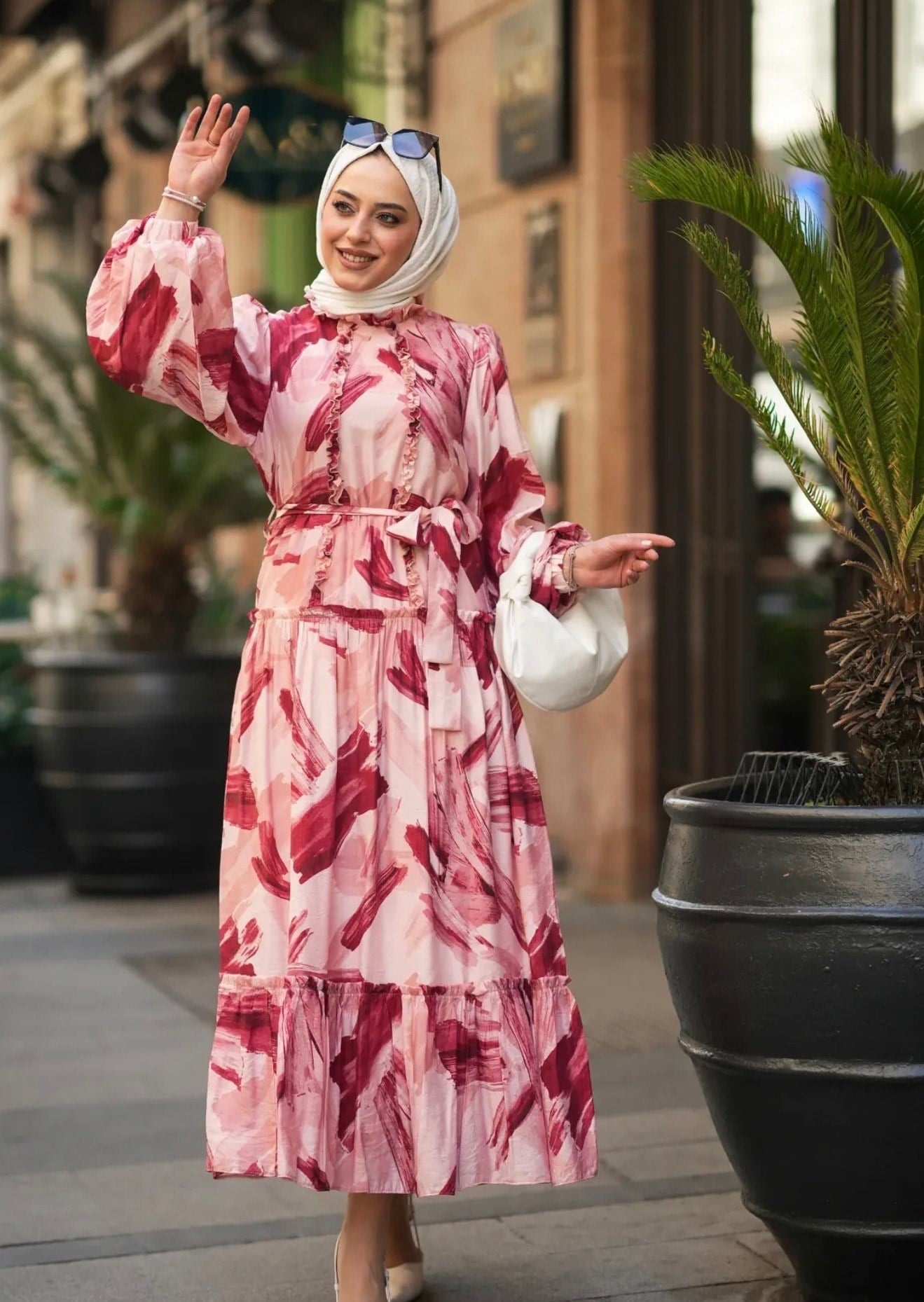 Polyester Balon Kol Pembe-Pudra Tonları Elbise