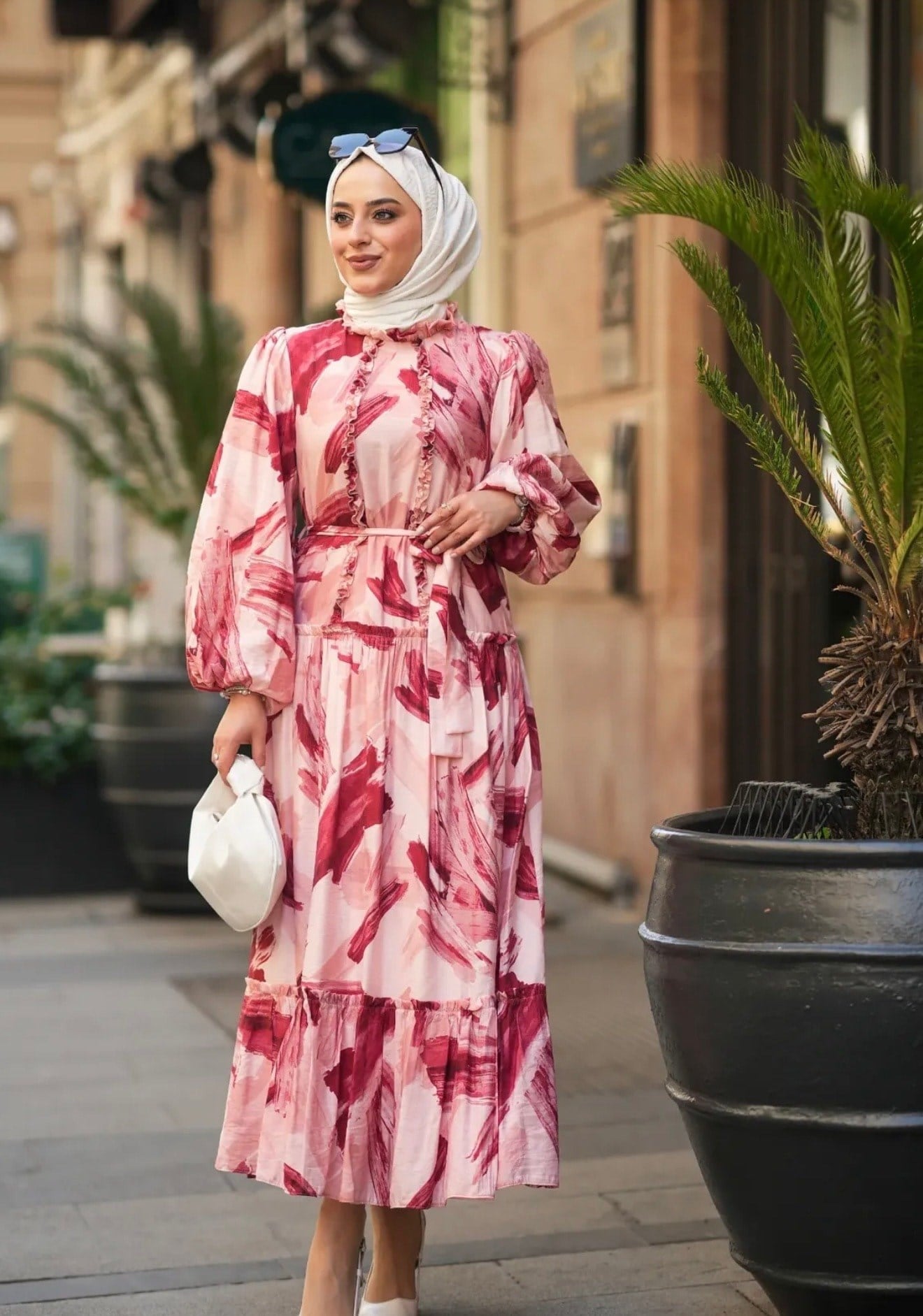 Polyester Balon Kol Pembe-Pudra Tonları Elbise