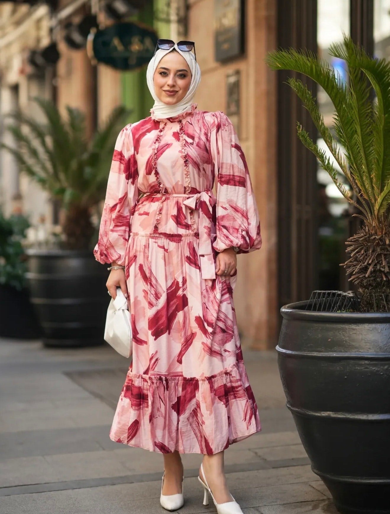 Polyester Balon Kol Pembe-Pudra Tonları Elbise