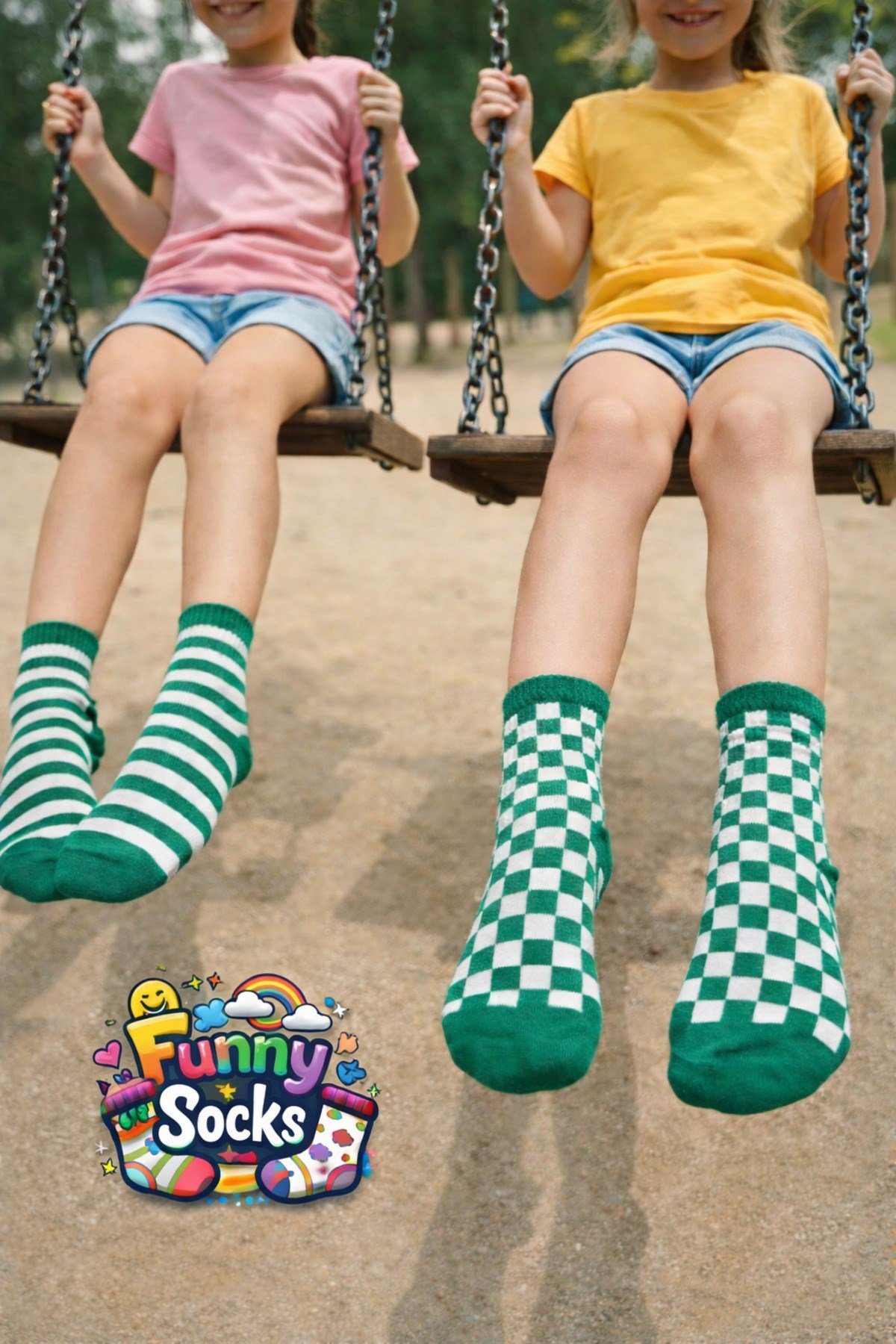 Funny Socks Yeşil Desenli Çorap – Dama & Çizgili Tasarım