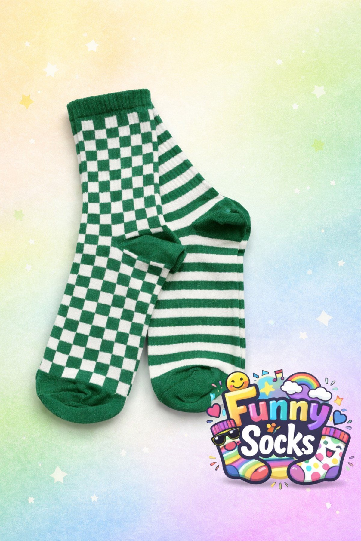 Funny Socks Yeşil Desenli Çorap – Dama & Çizgili Tasarım