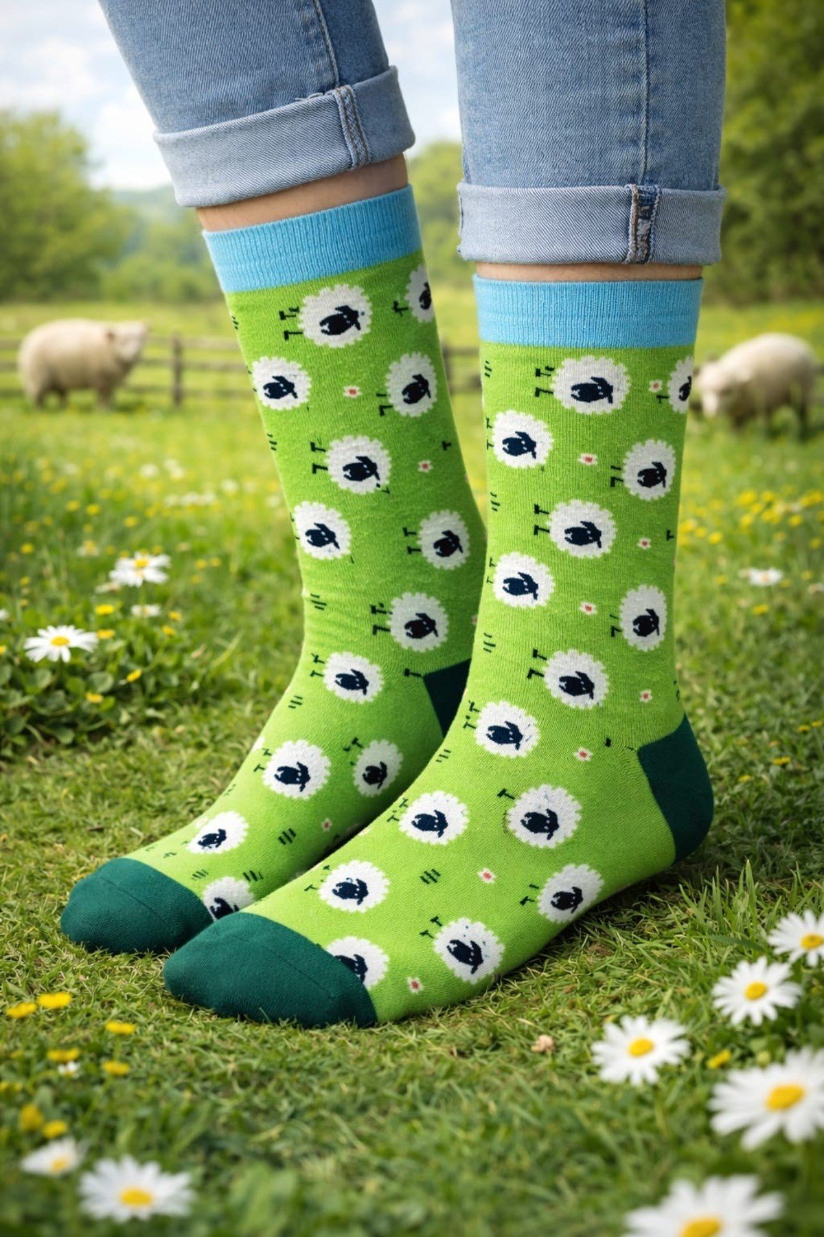 Koyun Desenli Renkli Unisex Çorap – Eğlenceli ve Konforlu Tasarım 🐑🌼