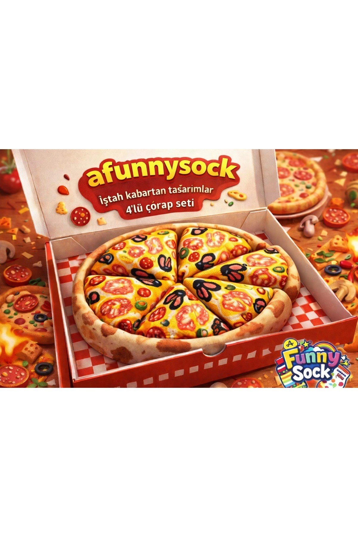 Pizza Tasarımlı 4’lü Çorap Seti – Kutulu Özel Tasarım