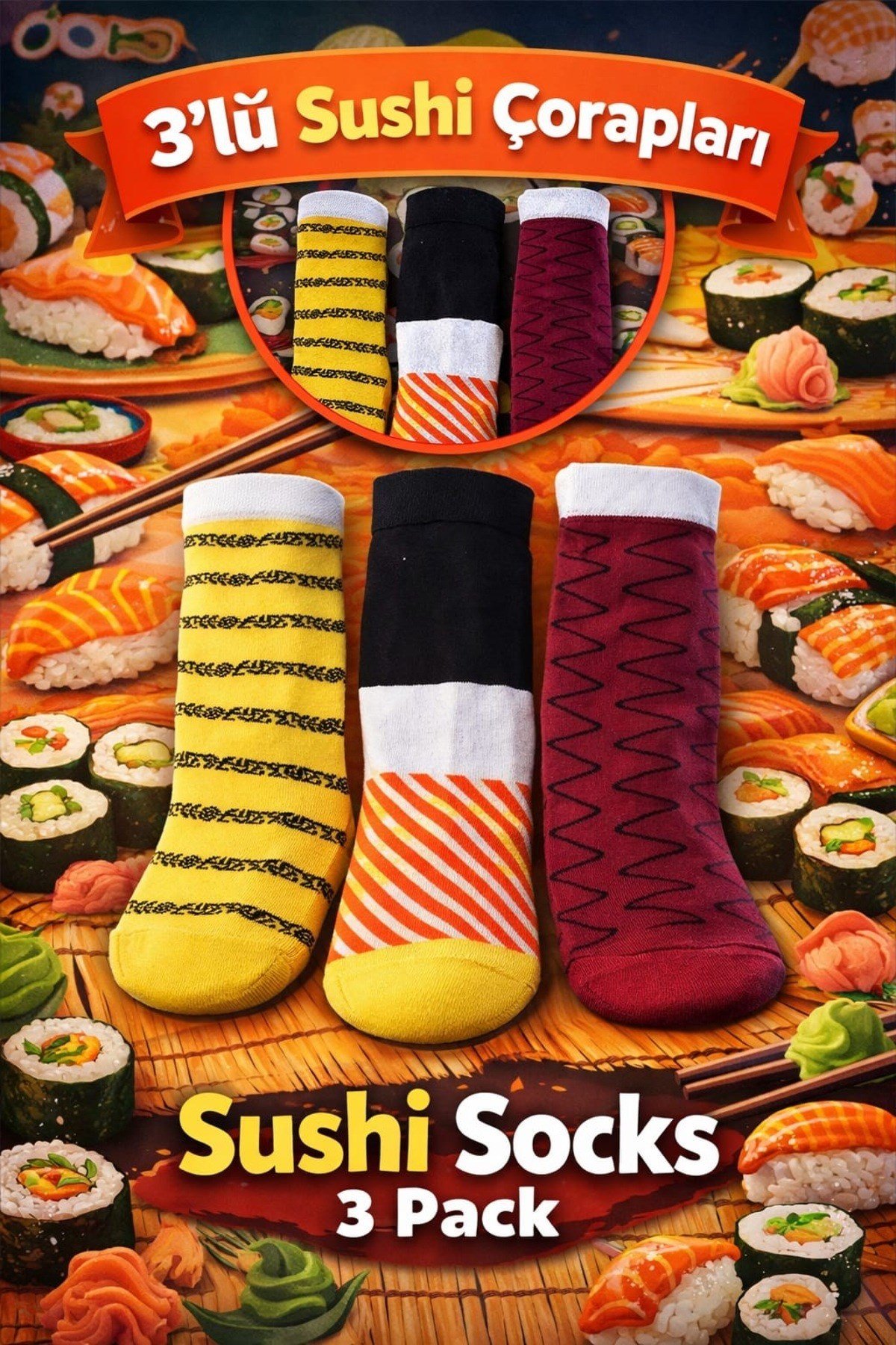 Sushi Tasarımlı 3’lü Çorap Seti – Özel Kutulu