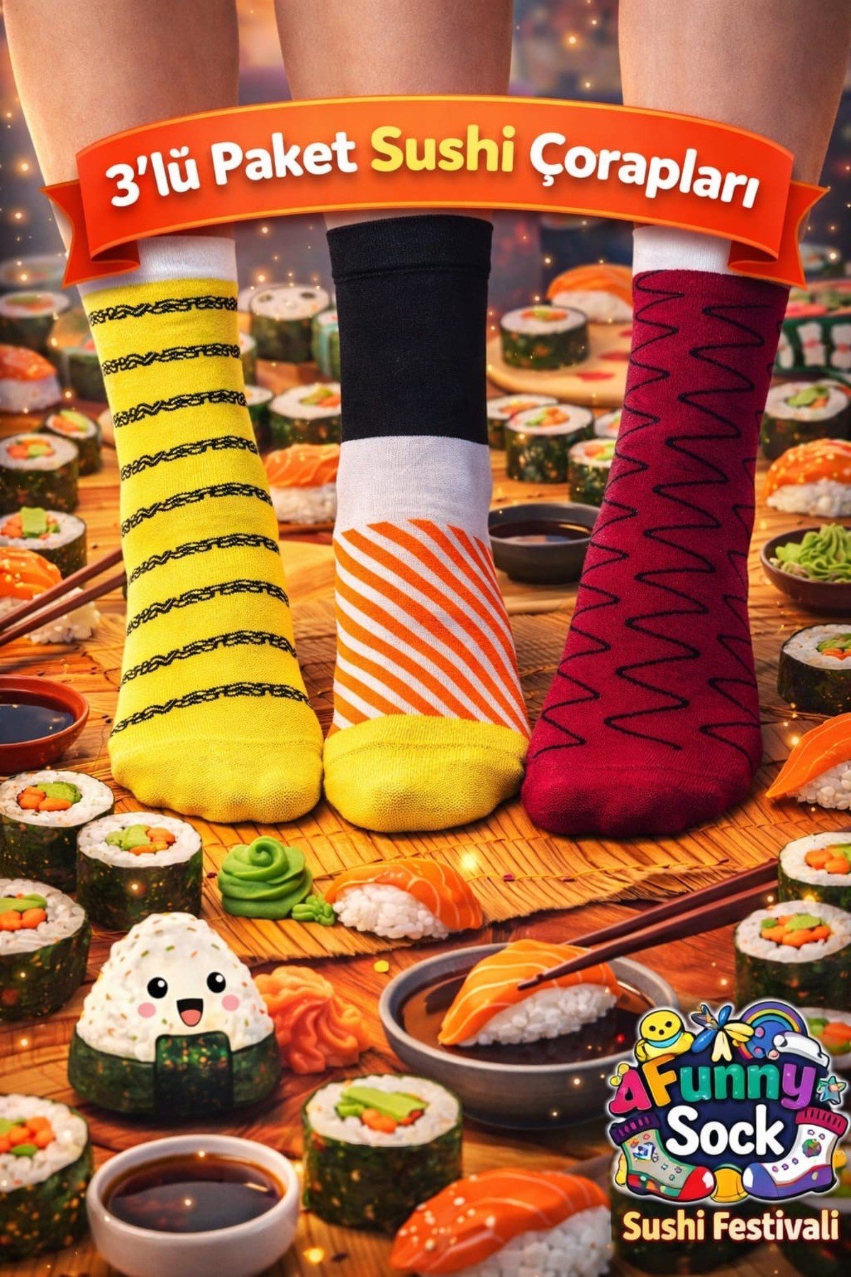 Sushi Tasarımlı 3’lü Çorap Seti – Özel Kutulu