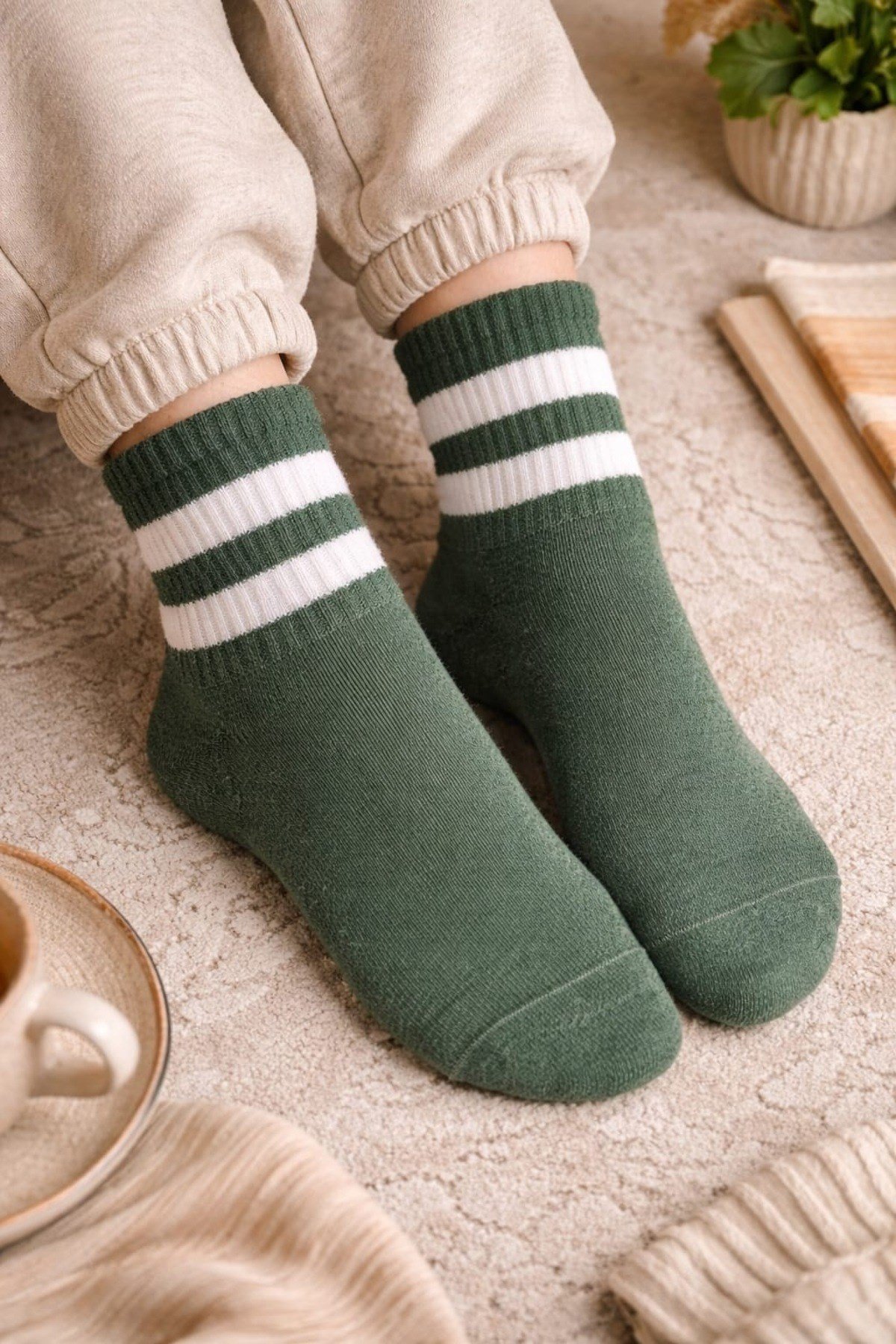 Yeşil Çizgili Günlük Çorap – 2’li Set