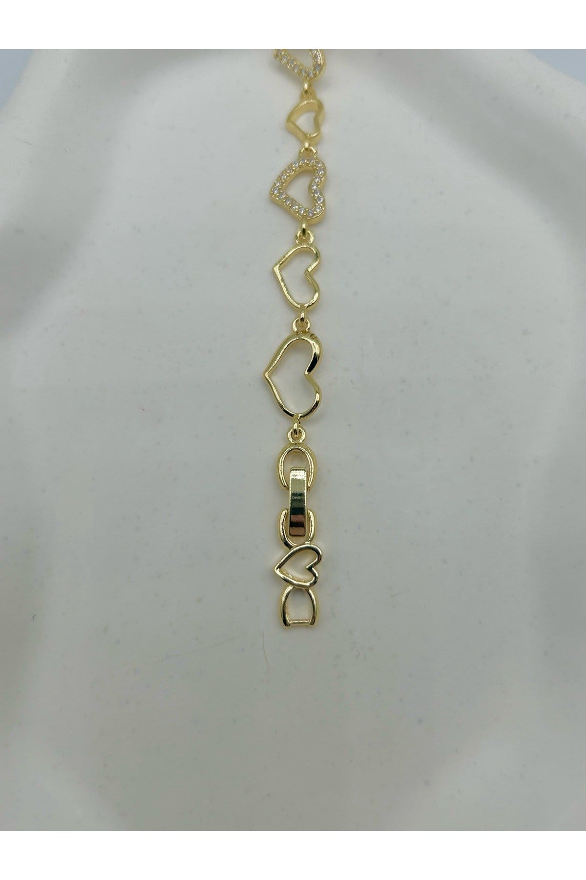 14 Ayar Altın Kaplama Zirkon Taşlı Kalpli Kadın Bileklik - Kararmaz - Ayarlanabilir (16-18 cm)