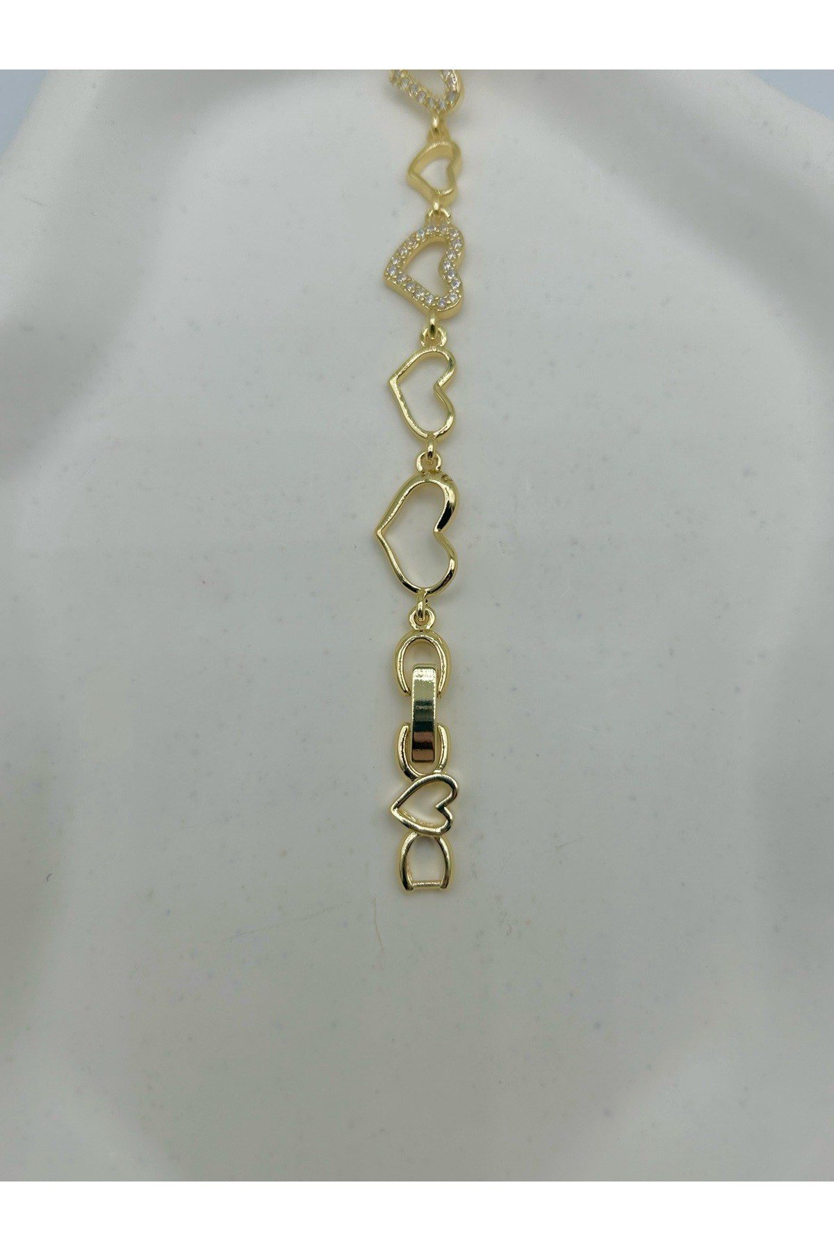 14 Ayar Altın Kaplama Zirkon Taşlı Kalpli Kadın Bileklik - Kararmaz - Ayarlanabilir (16-18 cm)