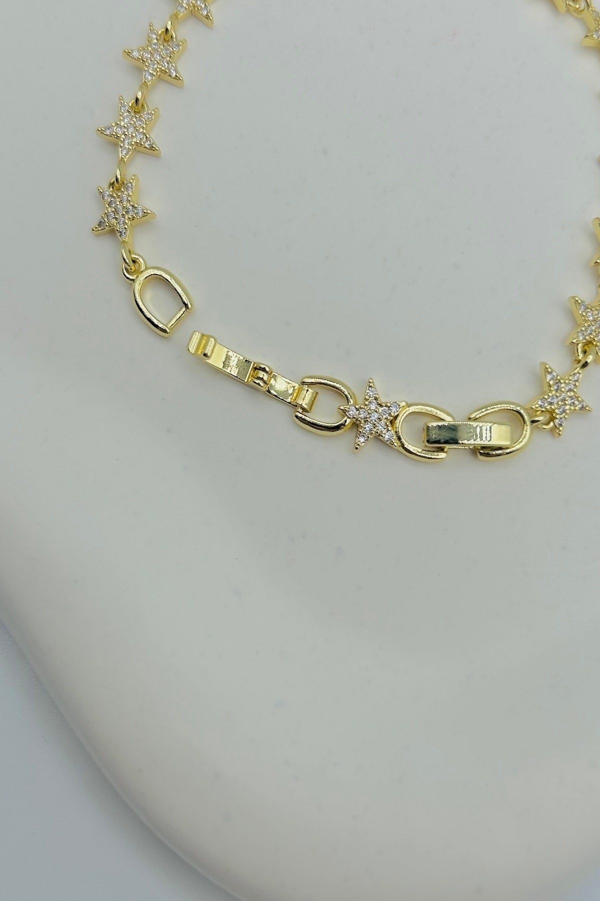 14k Altın Kaplama Kadın Kararmaz Gold Yıldızlı Zirkon Taşlı Çelik Kadın Bileklik - Ayarlanabilir