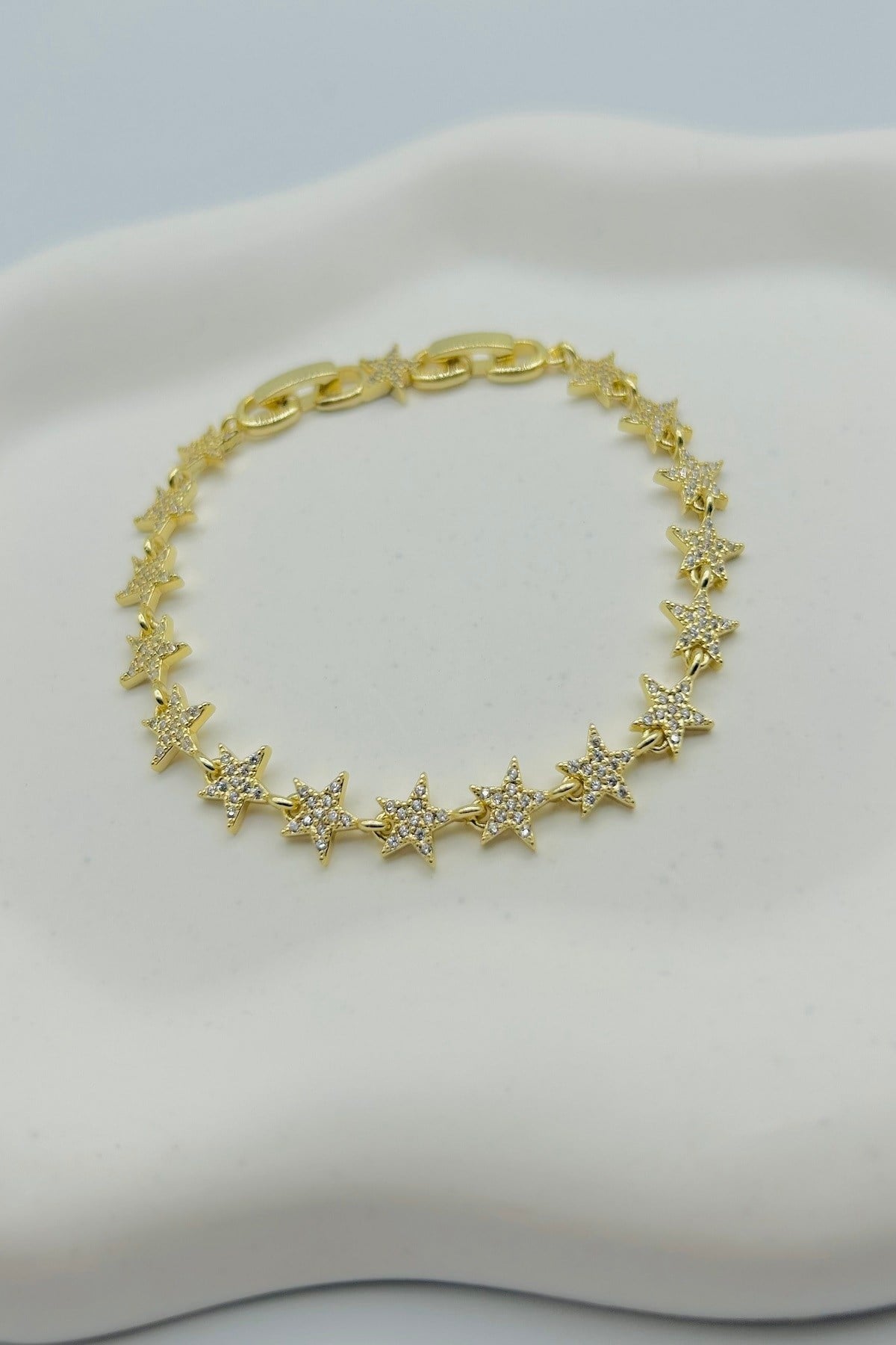 14k Altın Kaplama Kadın Kararmaz Gold Yıldızlı Zirkon Taşlı Çelik Kadın Bileklik - Ayarlanabilir