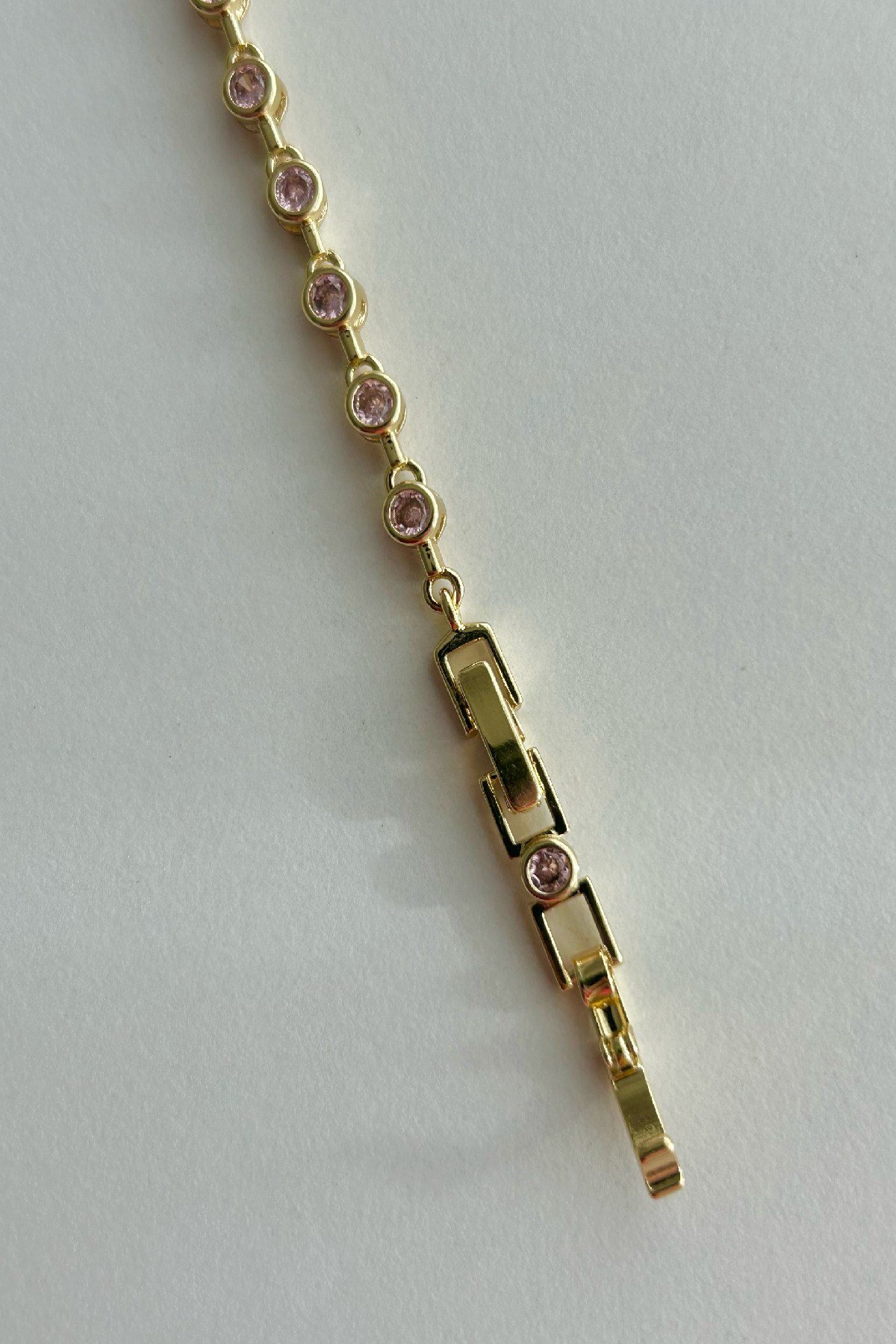 14K Altın Kaplama Pembe Taşlı Su Yolu Kadın Bileklik - Ayarlanabilir (17 cm+2 cm)