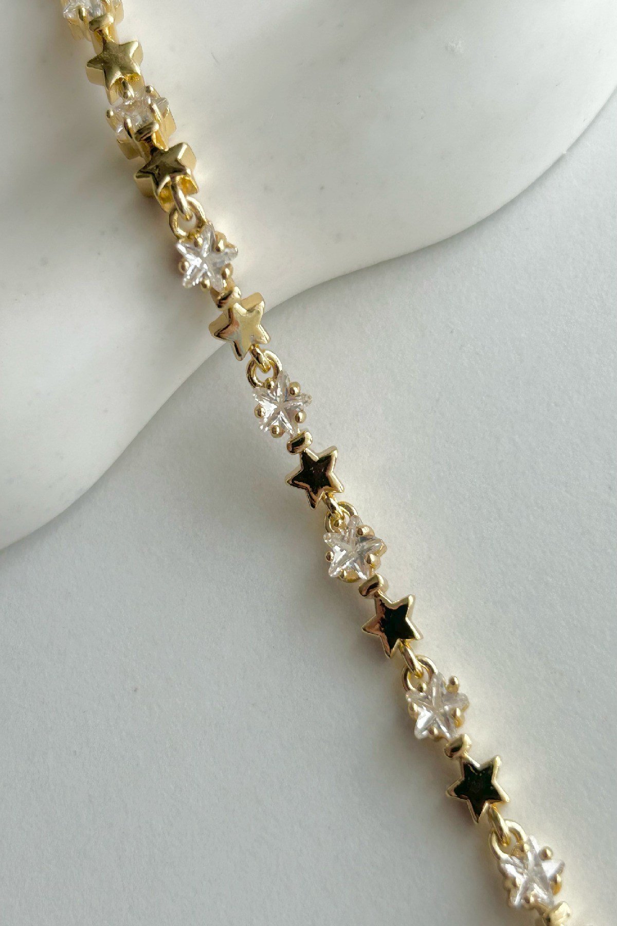 14K Altın Kaplama Taşlı ve Yıldızlı Kadın Bileklik - Ayarlanabilir (17 cm+2 cm)