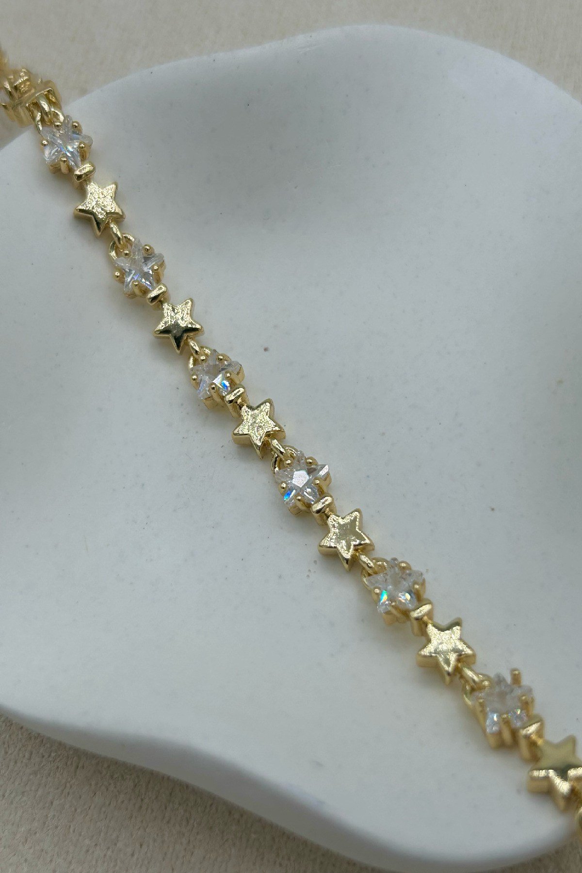 14K Altın Kaplama Taşlı ve Yıldızlı Kadın Bileklik - Ayarlanabilir (17 cm+2 cm)