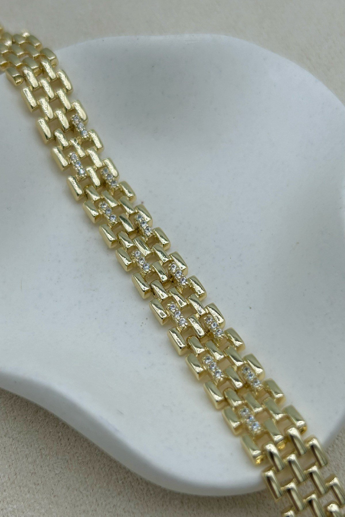 14K Altın Kaplama Zirkon Taşlı Hasır Model Kadın Bileklik -Ayarlanabilir (16 cm+2 cm)
