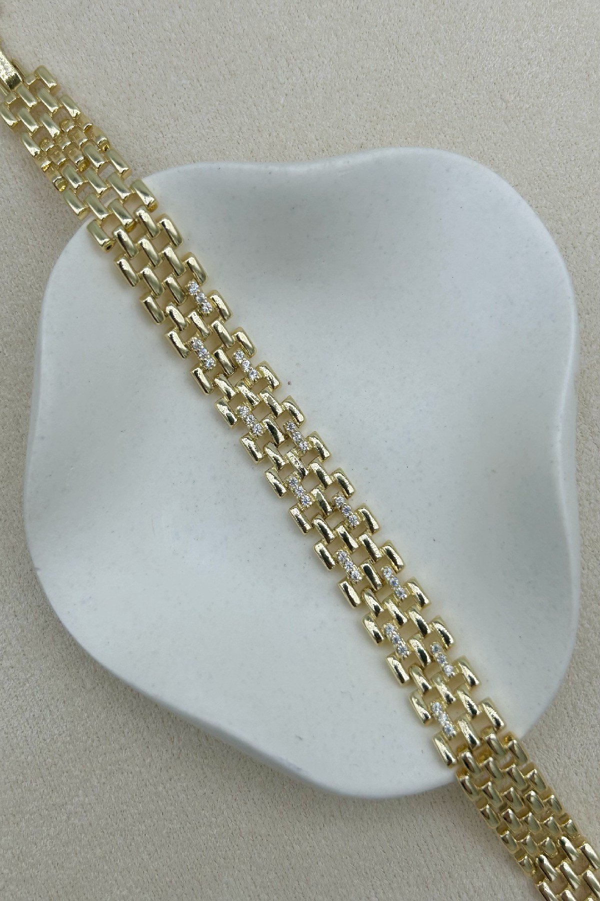 14K Altın Kaplama Zirkon Taşlı Hasır Model Kadın Bileklik -Ayarlanabilir (16 cm+2 cm)