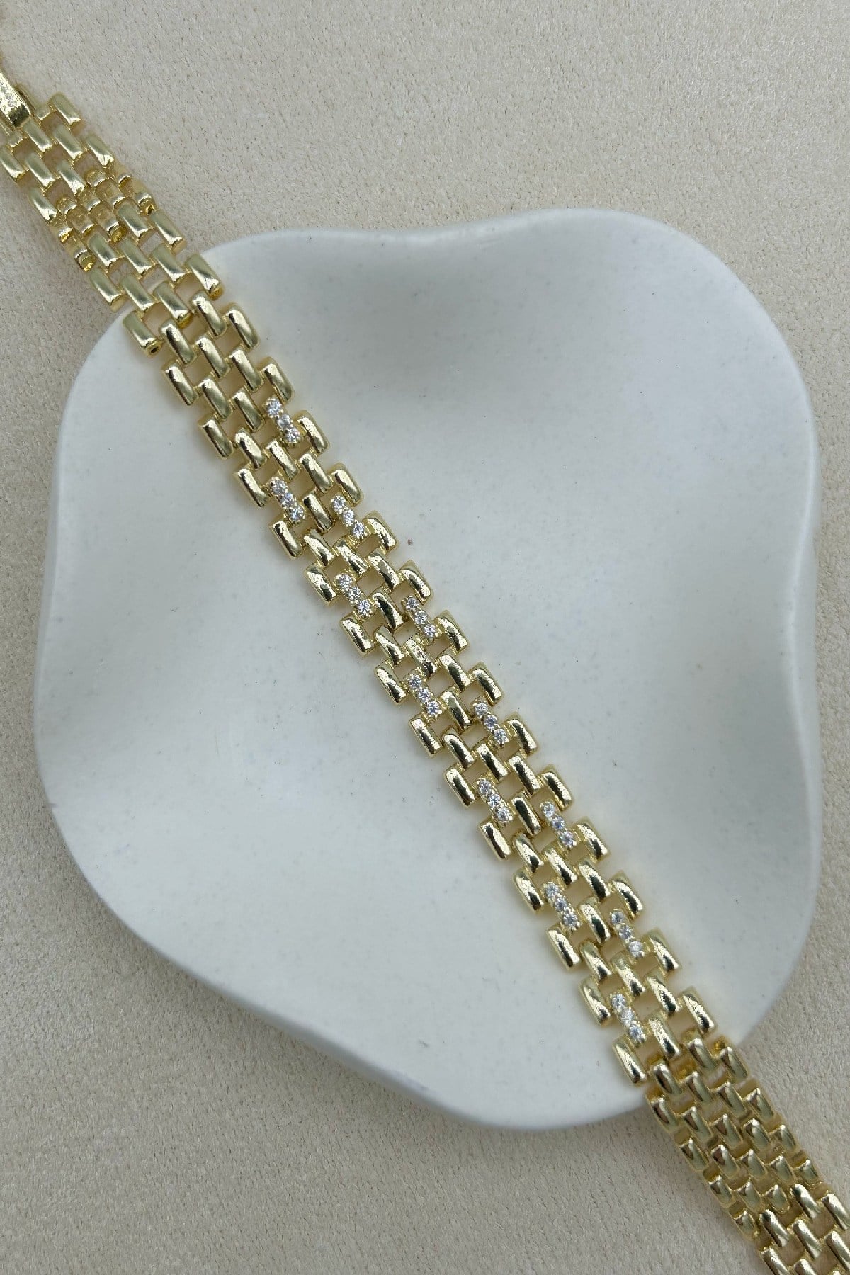 14K Altın Kaplama Zirkon Taşlı Hasır Model Kadın Bileklik -Ayarlanabilir (16 cm+2 cm)