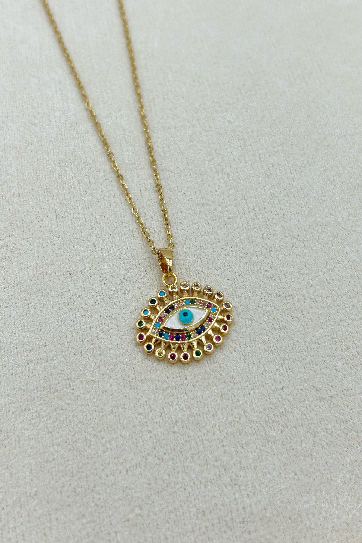 14K Altın Renginde Renkli Zirkon Taşlı Göz Model Kadın Çelik Kolye - Ayaralanabilir (22 cm+5cm)