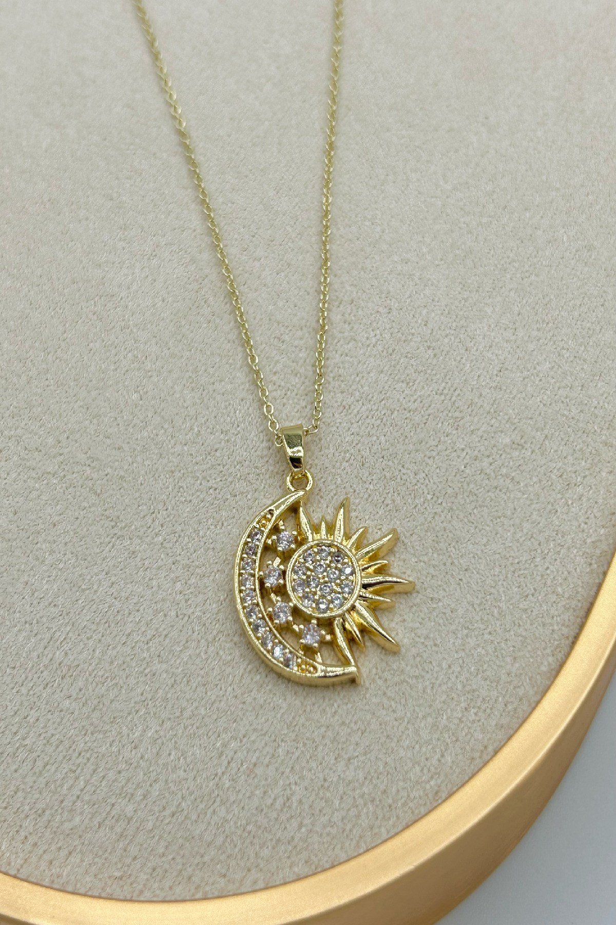14K Altın Rneginde Hilal Ve Güneş Detaylı Zirkon Taşlı Çelik Kadın Kolye - Ayarlanabilir (22cm+5cm)