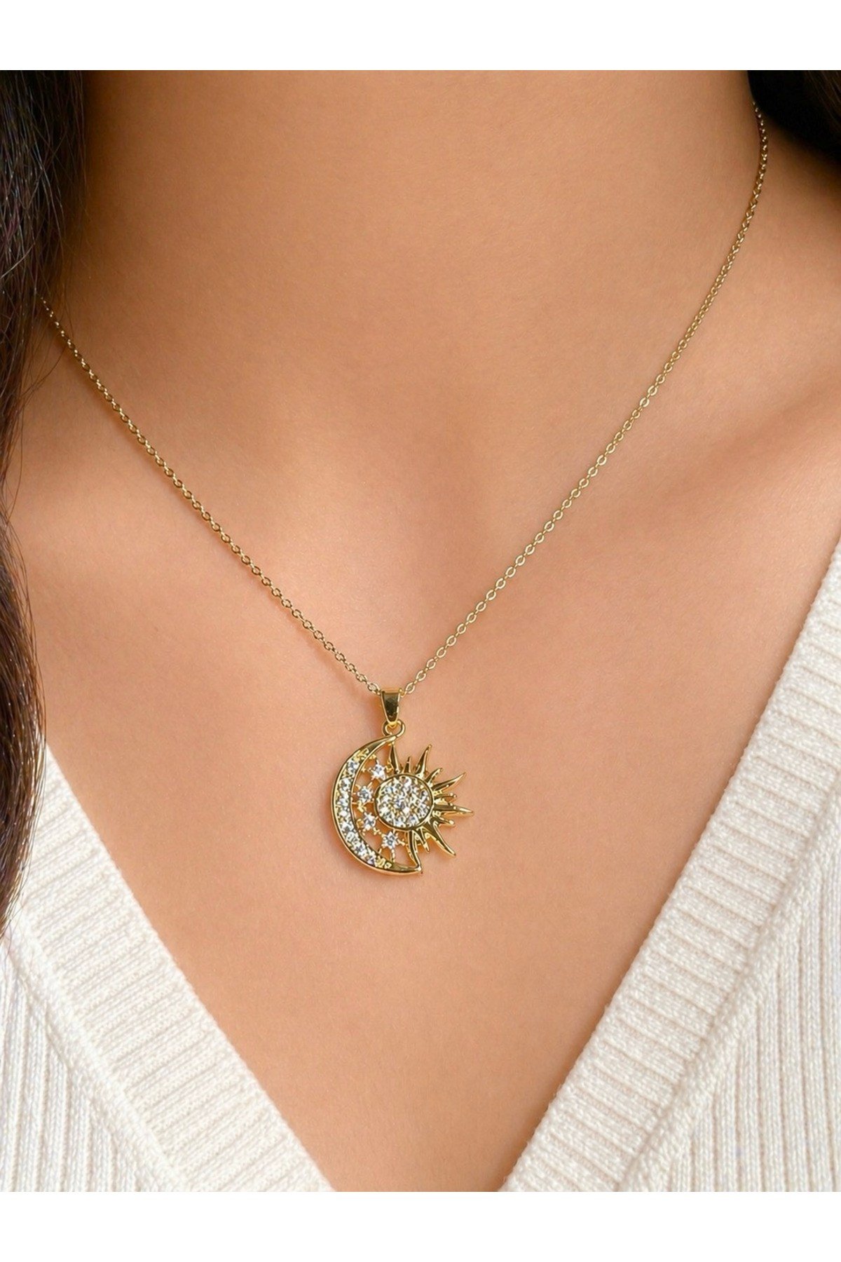 14K Altın Rneginde Hilal Ve Güneş Detaylı Zirkon Taşlı Çelik Kadın Kolye - Ayarlanabilir (22cm+5cm)