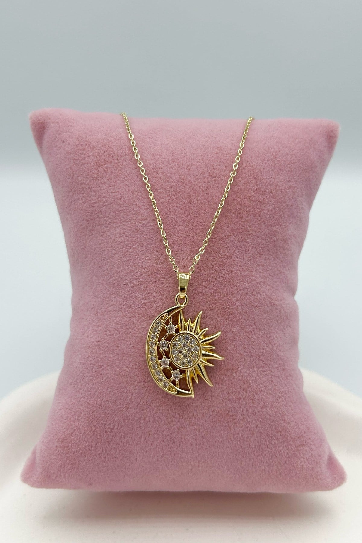 14K Altın Rneginde Hilal Ve Güneş Detaylı Zirkon Taşlı Çelik Kadın Kolye - Ayarlanabilir (22cm+5cm)