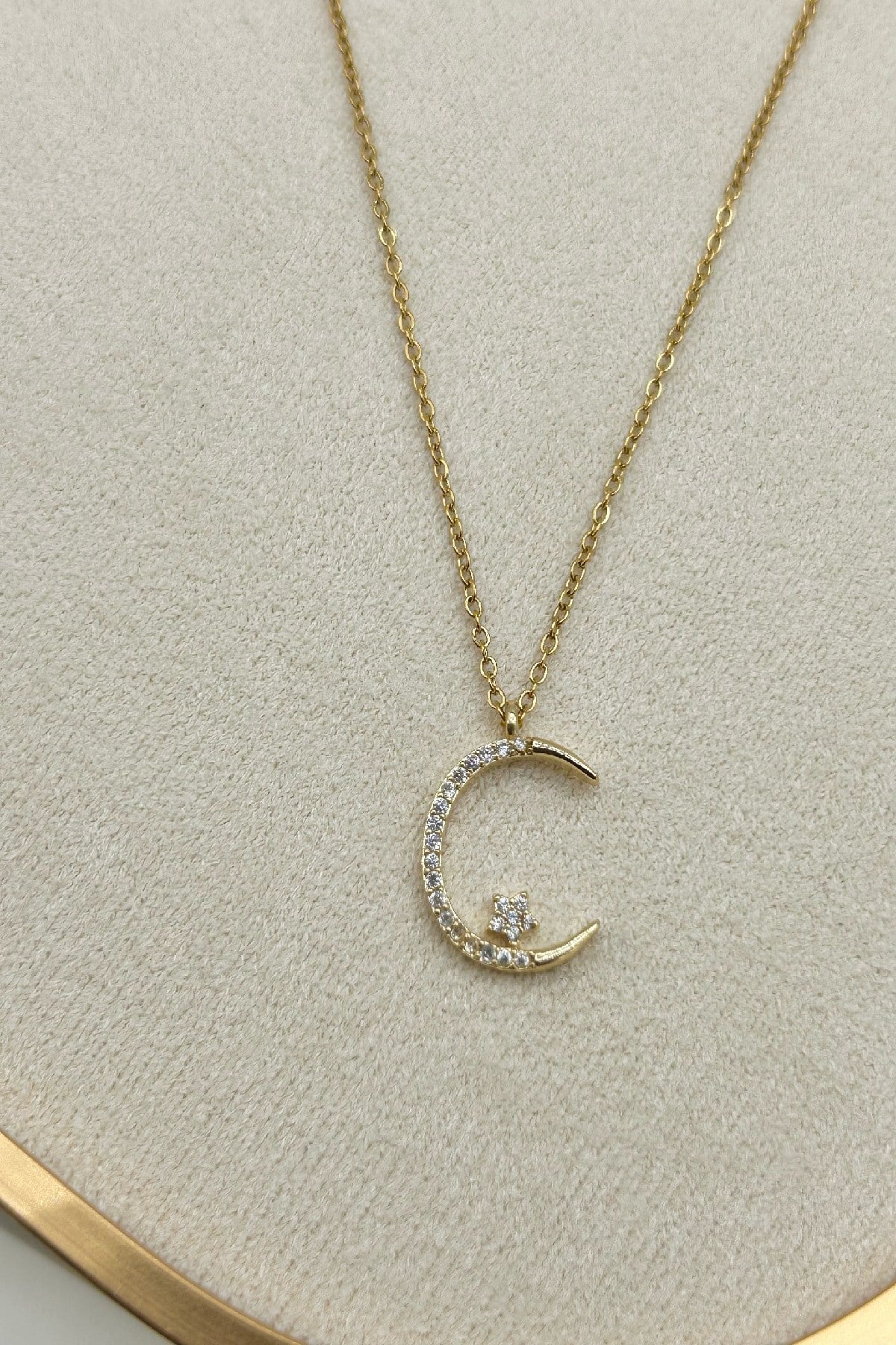 Ay Yıldız Zirkon Taşlı Çelik Kadın Kolye (22 cm+5 cm)