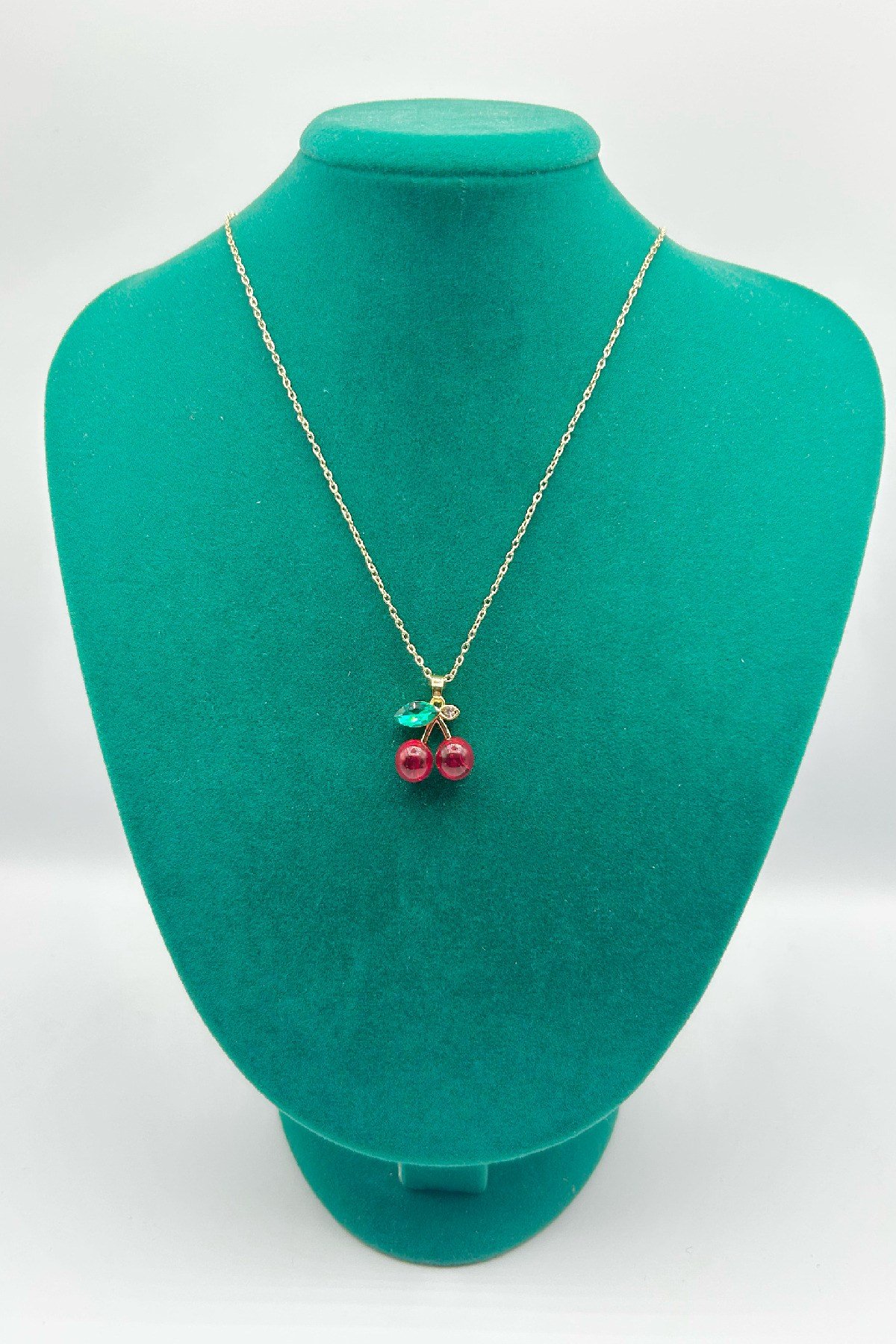Fasetli Yaprak & Cabochon Kiraz Taşlı 14K Altın Renginde Çelik Kadın Kolye (21 cm+5 cm)