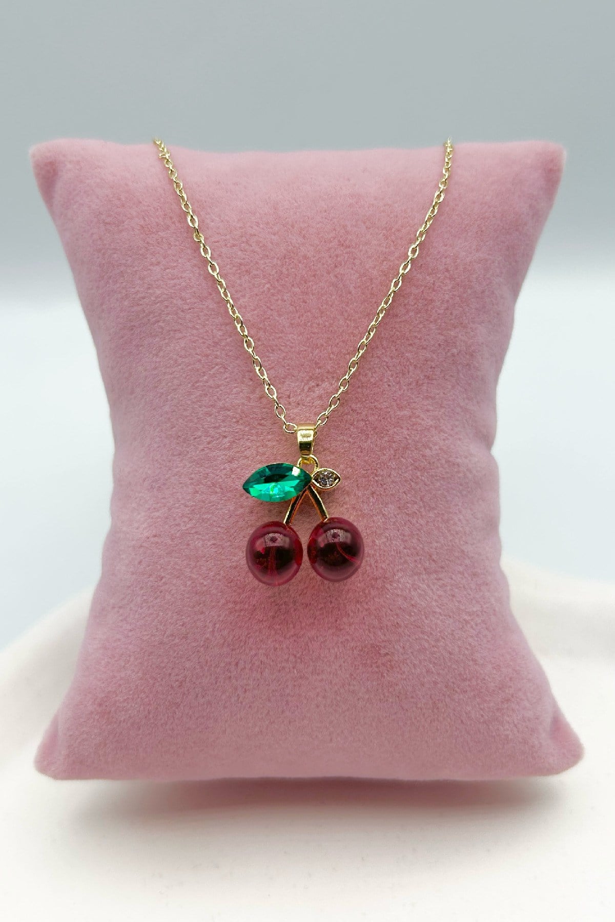 Fasetli Yaprak & Cabochon Kiraz Taşlı 14K Altın Renginde Çelik Kadın Kolye (21 cm+5 cm)