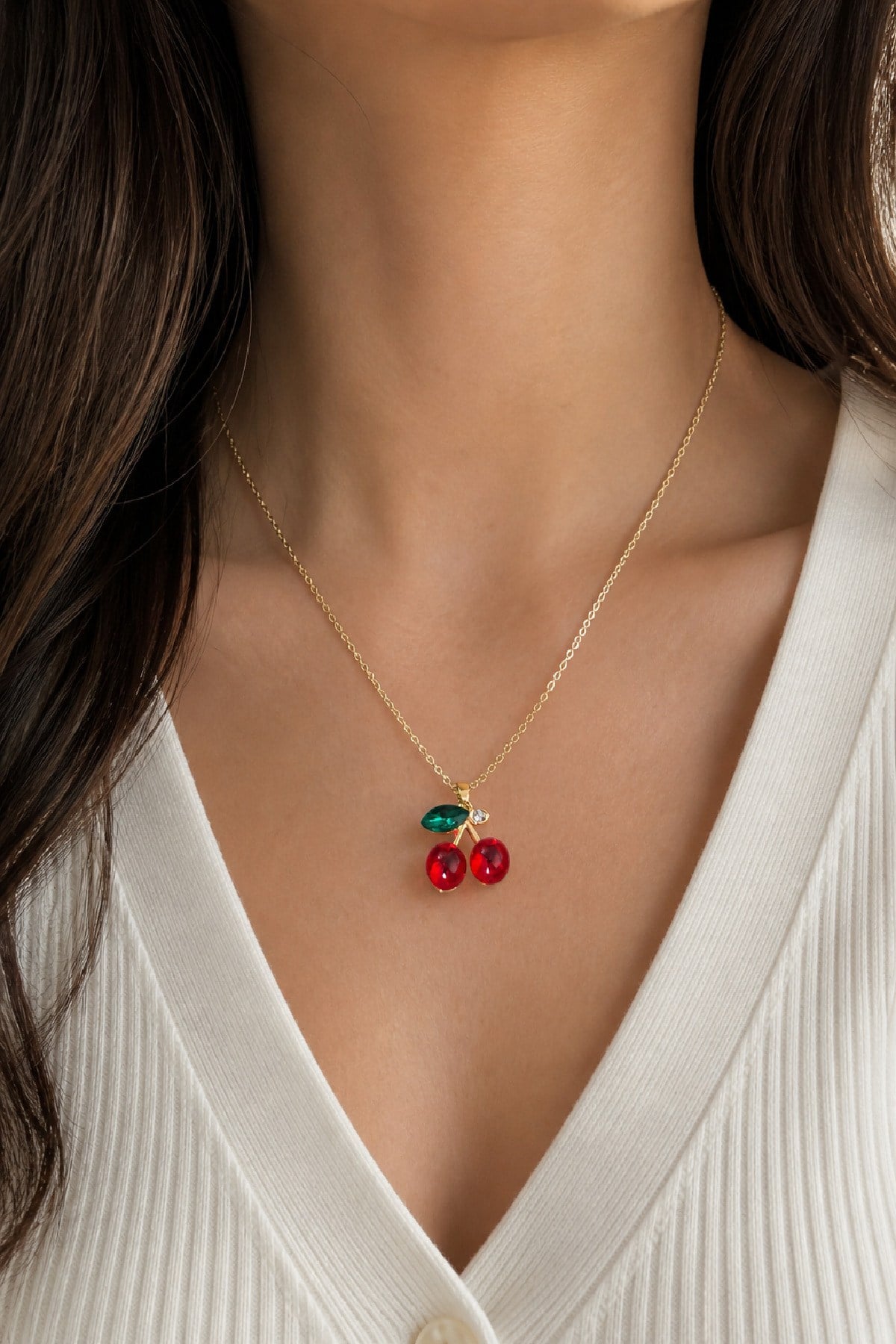 Fasetli Yaprak & Cabochon Kiraz Taşlı 14K Altın Renginde Çelik Kadın Kolye (21 cm+5 cm)