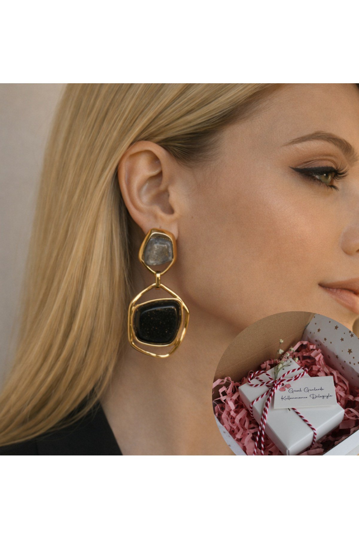 Gold Çerçeveli Doğal Taş Görünümlü Sallantılı Kadın Küpe – 3 Renk Seçenekli (Siyah / Bordo / Bej)