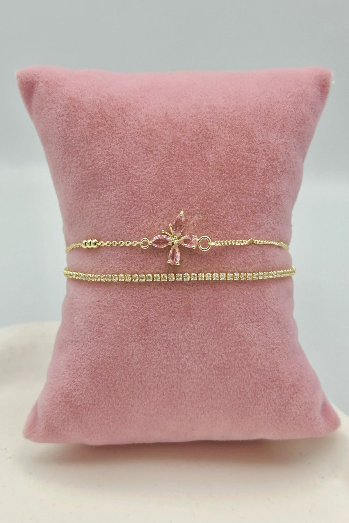 Kristal Taşlı Kelebek ve İnce Suyolu Model 2'li Bileklik - Ayarlanabilir (15 cm + 5 cm) -Pembe ve Beyaz Renk Seçenekli