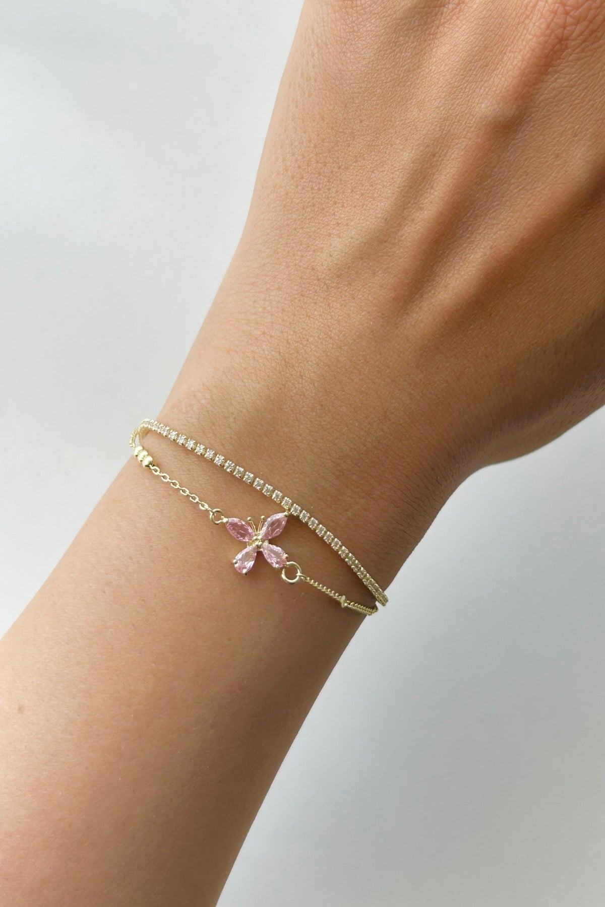 Kristal Taşlı Kelebek ve İnce Suyolu Model 2'li Bileklik - Ayarlanabilir (15 cm + 5 cm) -Pembe ve Beyaz Renk Seçenekli