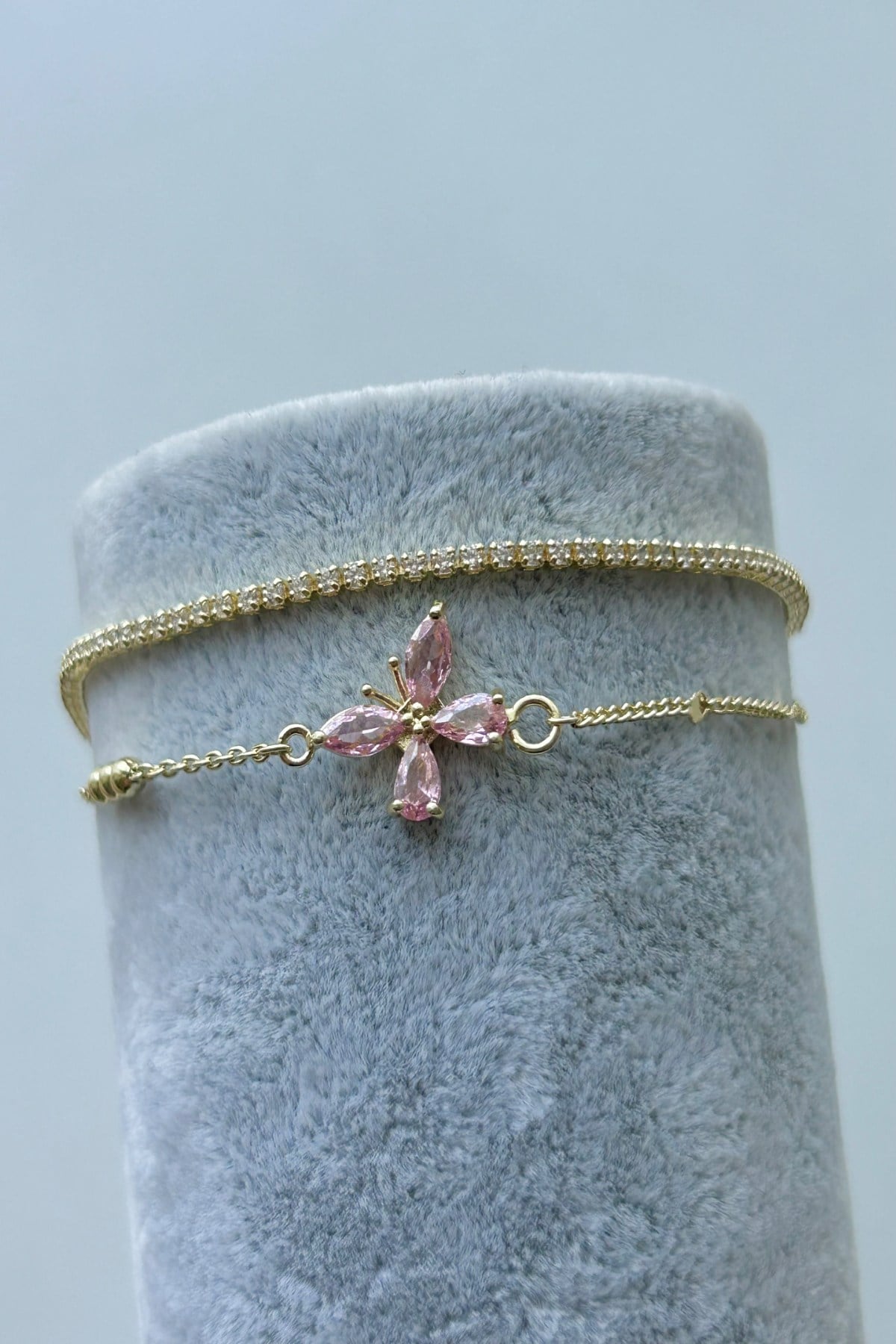 Kristal Taşlı Kelebek ve İnce Suyolu Model 2'li Bileklik - Ayarlanabilir (15 cm + 5 cm) -Pembe ve Beyaz Renk Seçenekli