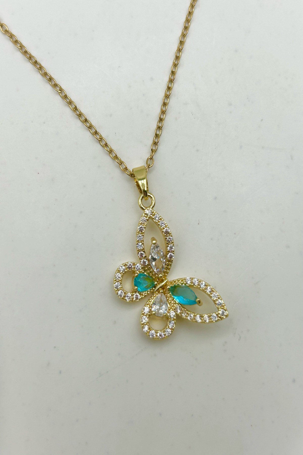 Kristal Taşlı Mavi Renk Zarif Kelebek Kadın Çelik Kolye (23 cm+5 cm)
