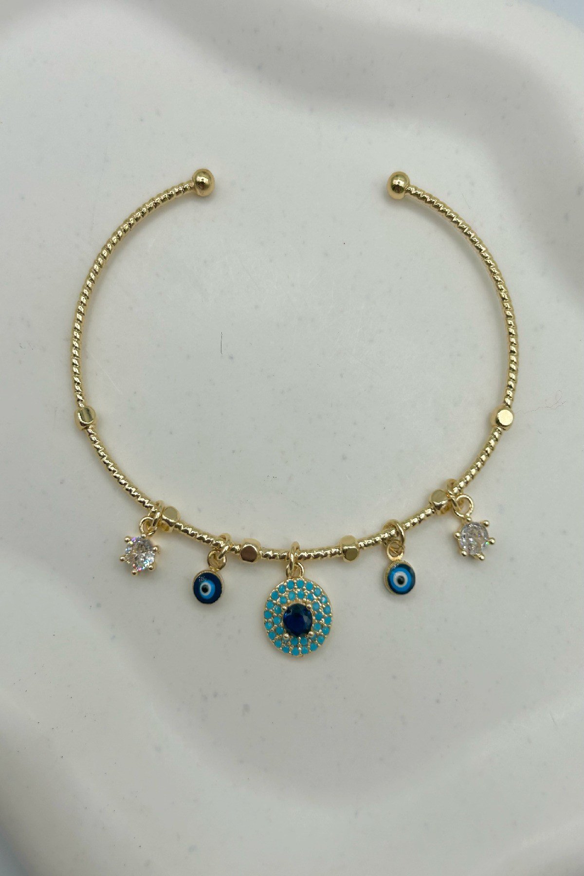 Mavi Taşlı Nazar Charmlı Gold Renk Kadın Bileklik - Ayarlanabilir