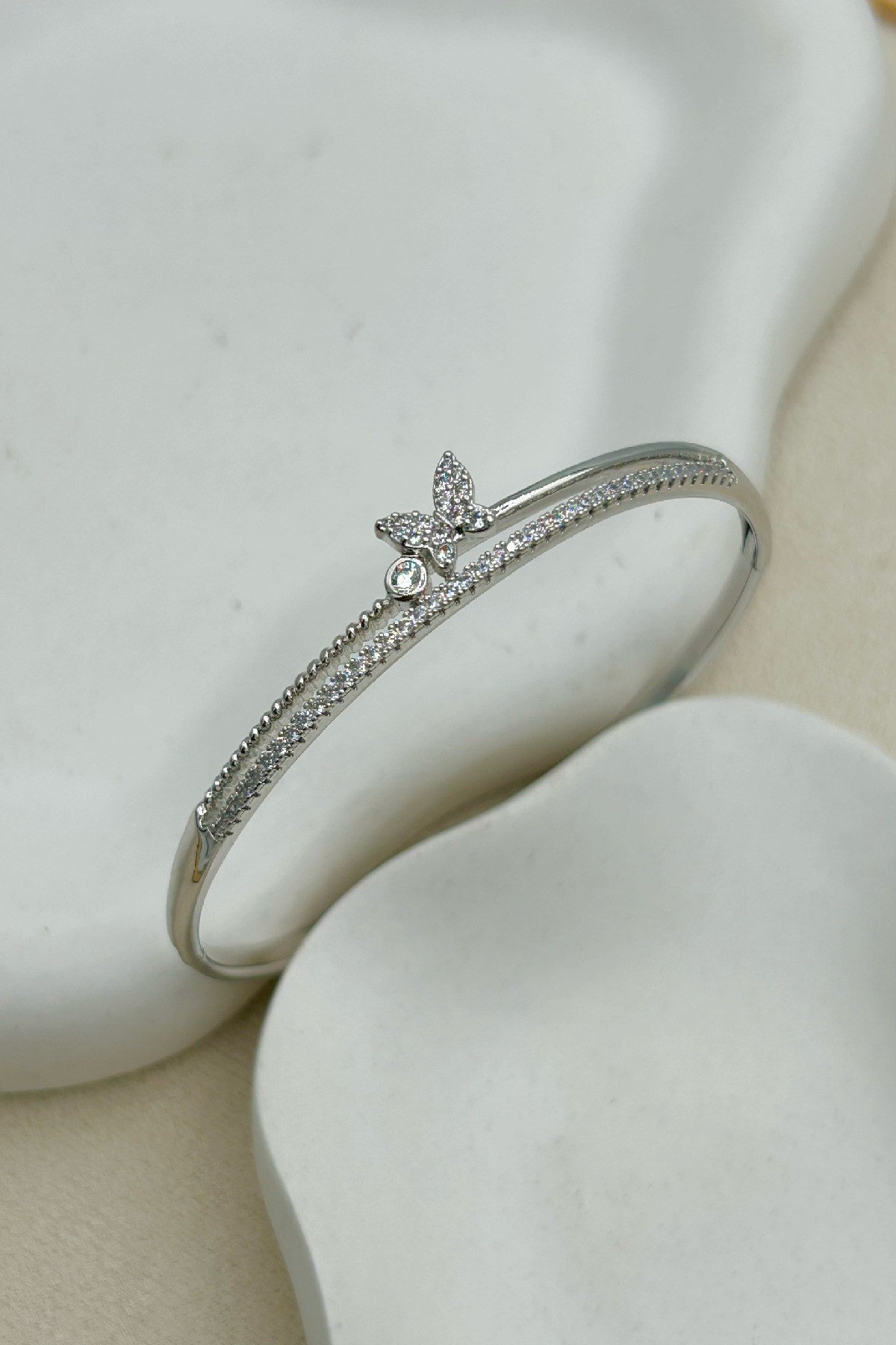 Özel Seri 14K Altın Kaplama Zirkon Taşlı ve Kelebekli Kadın Kelepçe Bileklik (Birinci Sınıf Kalite/Kararmaz/Paslanmaz) - 18 cm