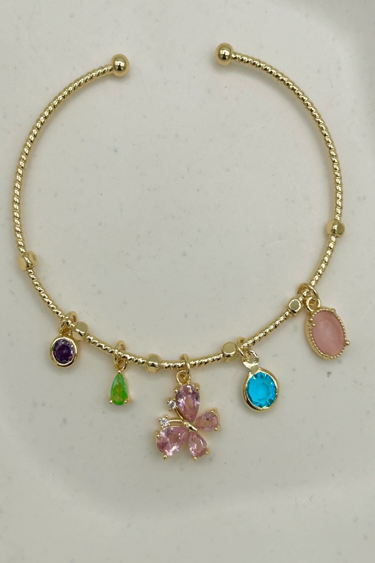 Pembe Kristal Taşlı Gold Renk Kadın Charmlı Bileklik - Ayarlanabilir