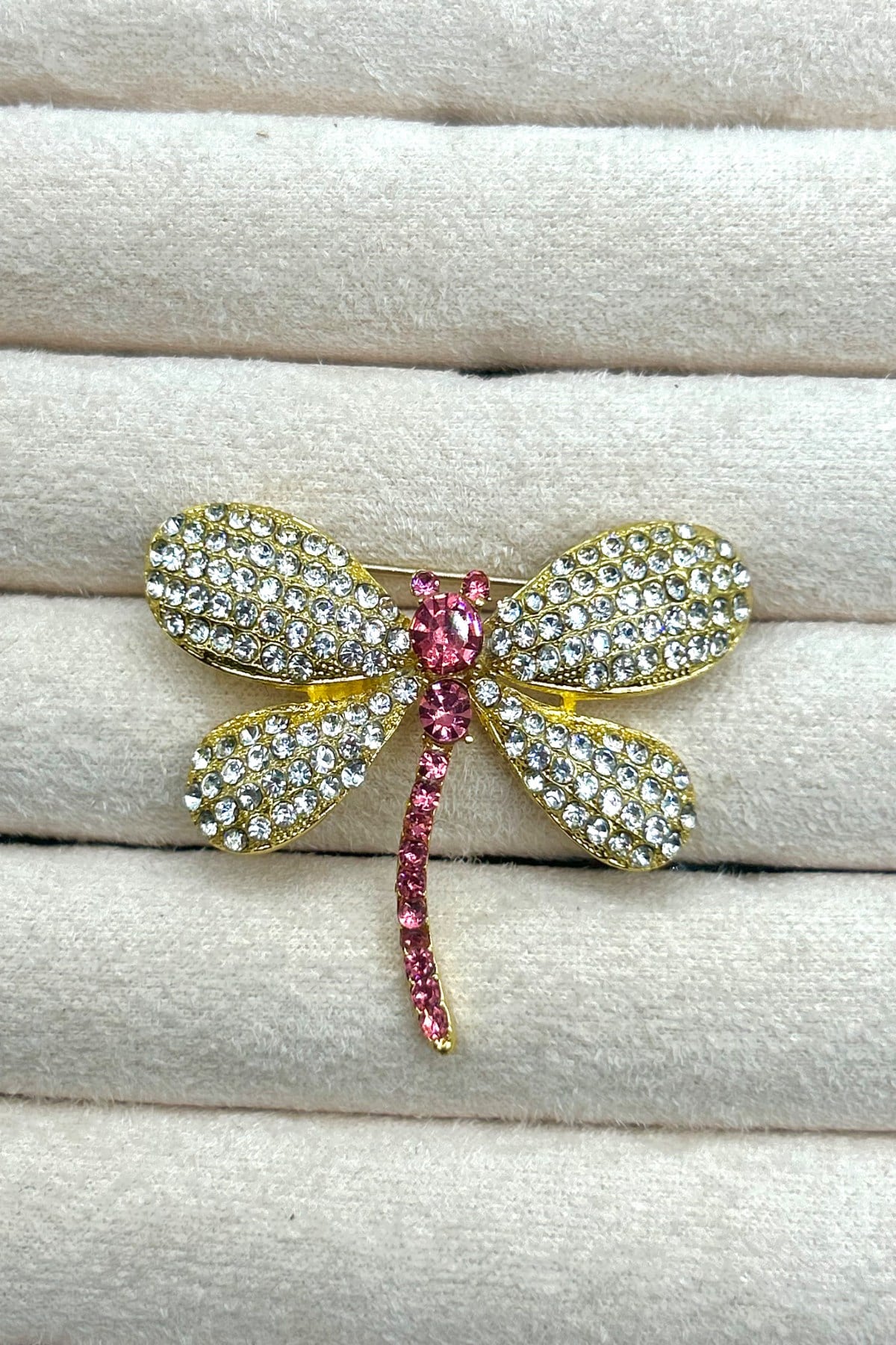 Pembe Zirkon Taşlı Yusufçuk Kadın Broş (4 cm) - Çanta, Ceket, Eşarp ve Yaka’da Kullanılabilir