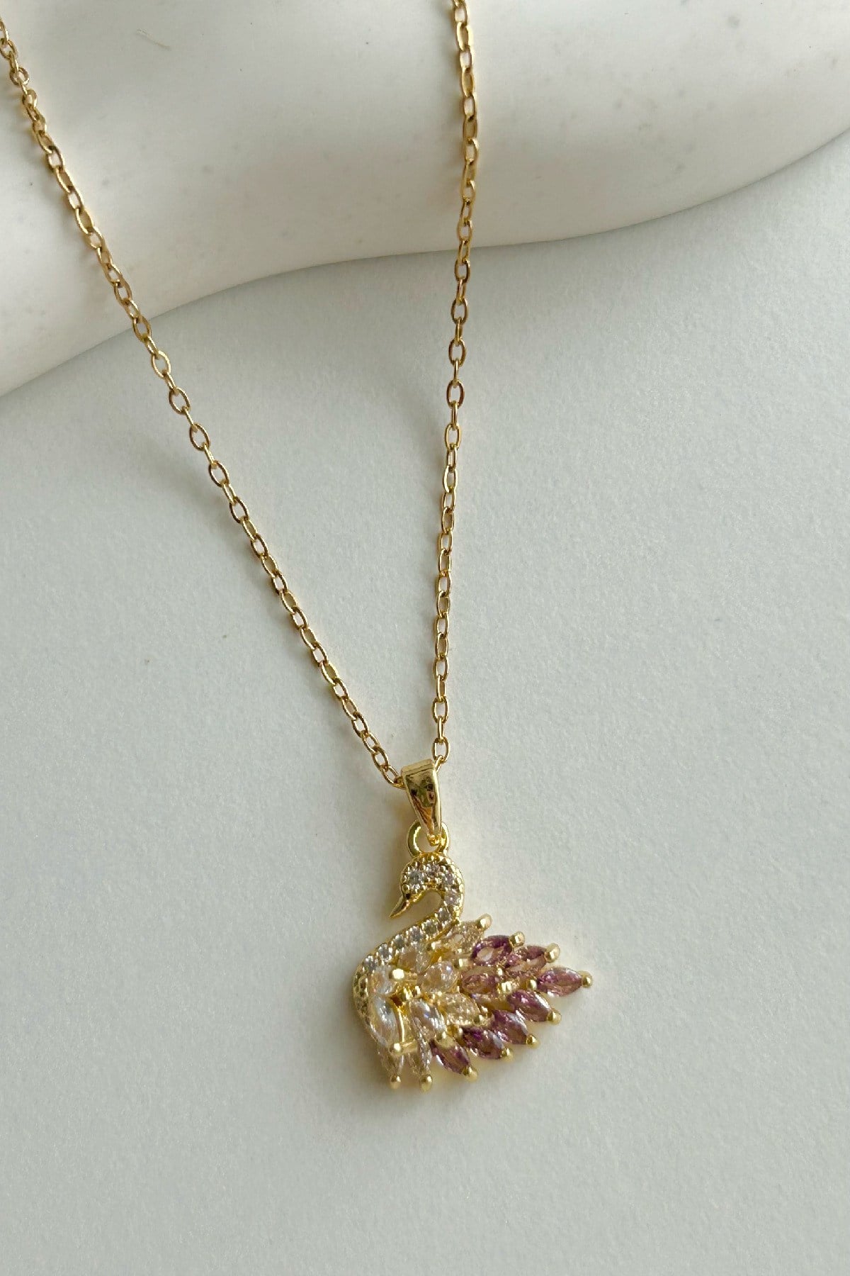 Zarif Kuğu Işıltılı Zirkon ve Kristal Taşlı Çelik Kadın Kolye (22 cm+5 cm)